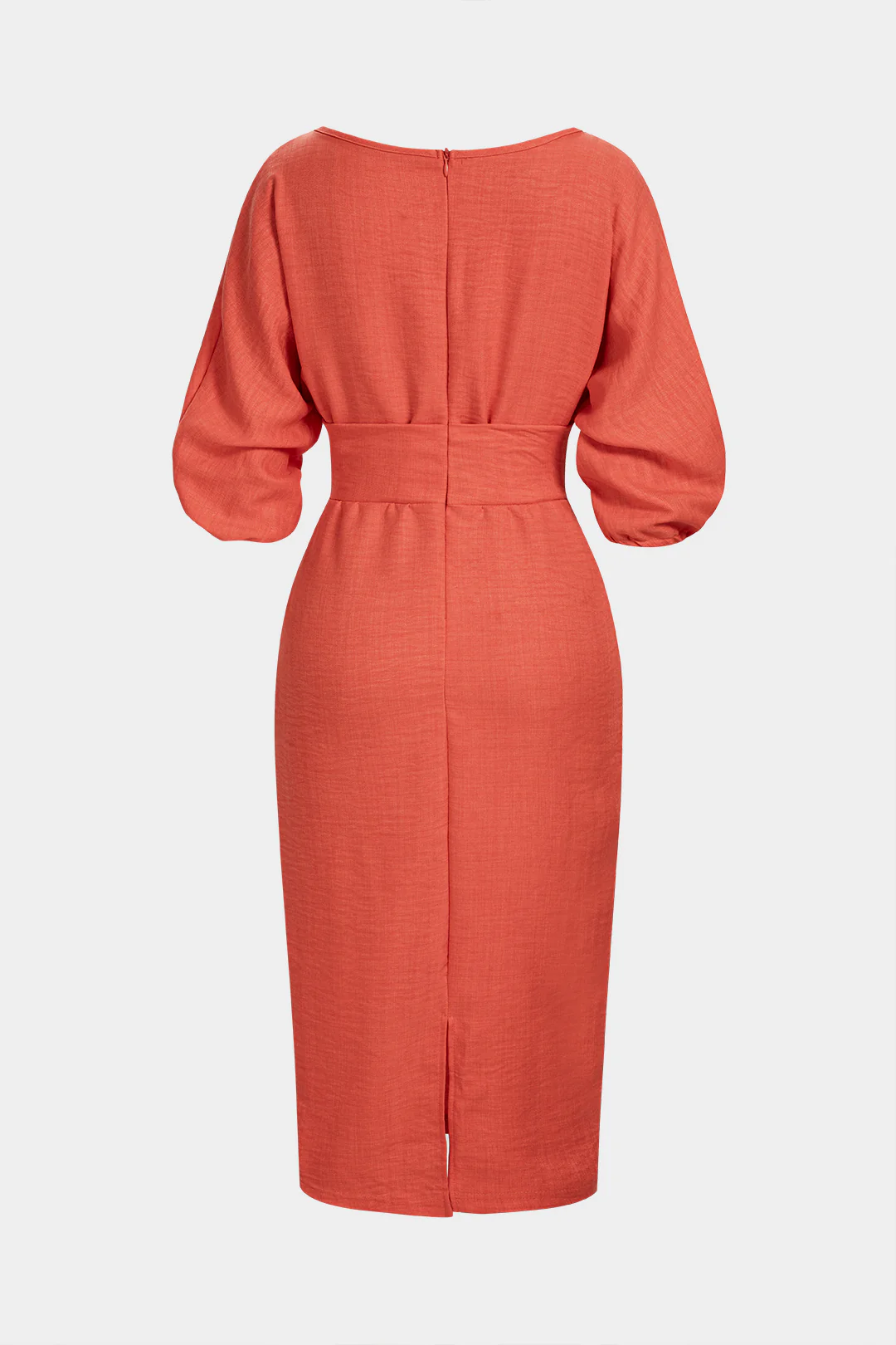 Solid Round Neck Pocket Zipper Long Sleeve Midi Dress - Weenar