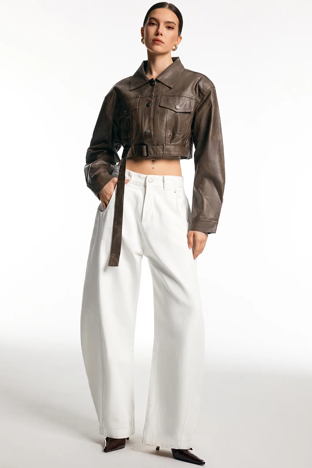 Faux Leather Belted Button Pocket Jacket - Weenar