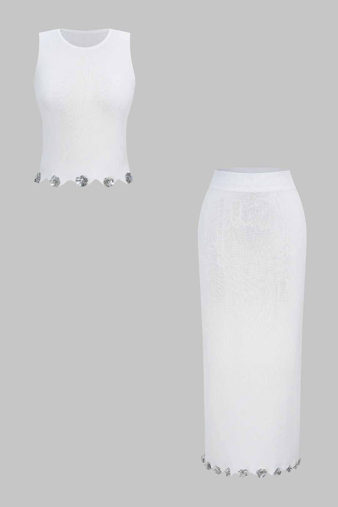 Knit Applique Sequin Round Neck Tank Top And Skirt Set - Weenar