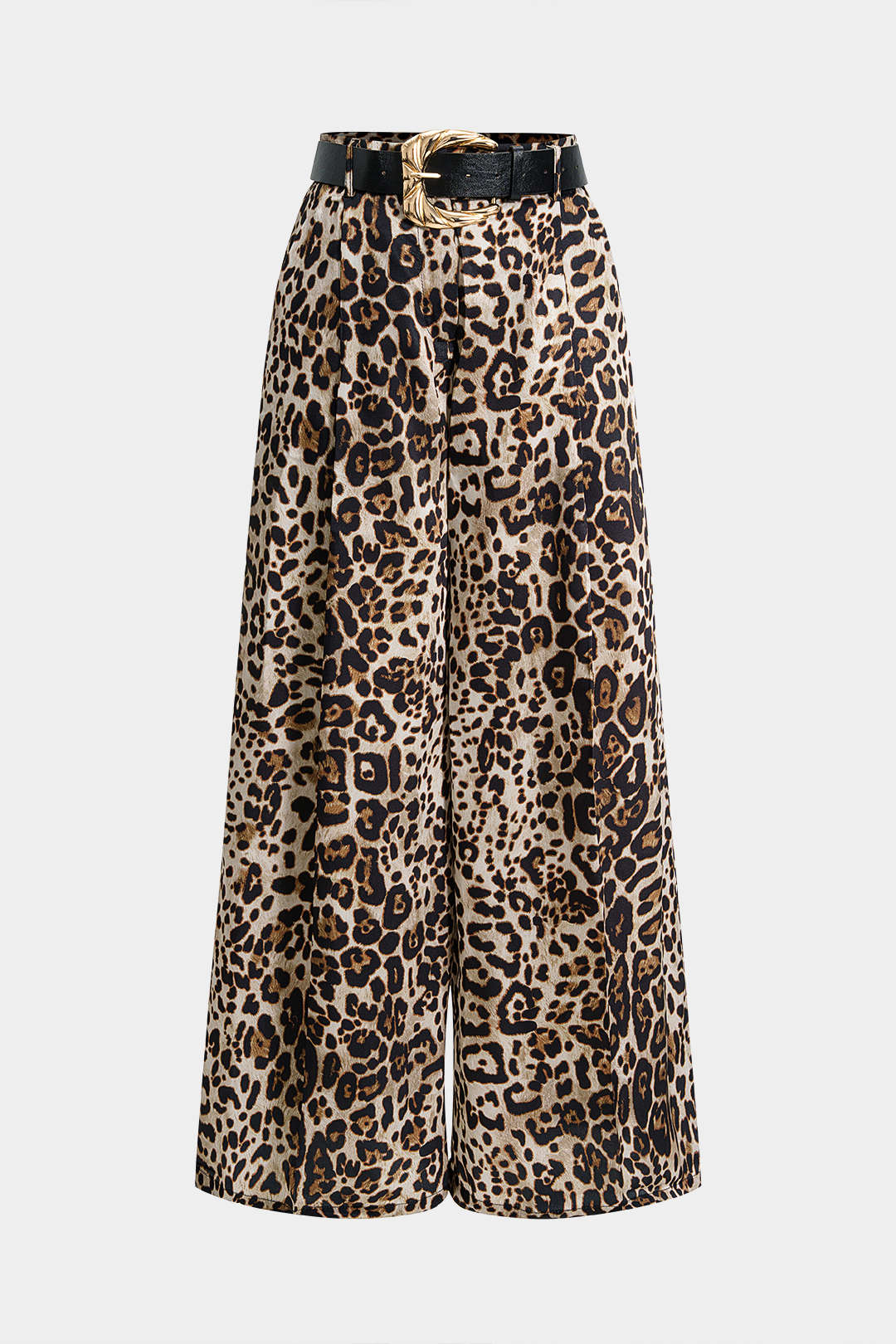 Leopard Print Belted Satin Wide Leg Pants - Weenar