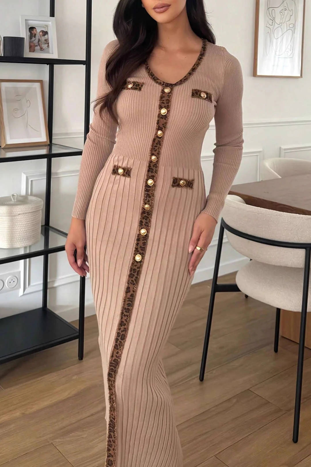 Knit Contrast Leopard Print Long Sleeve Dress - Weenar