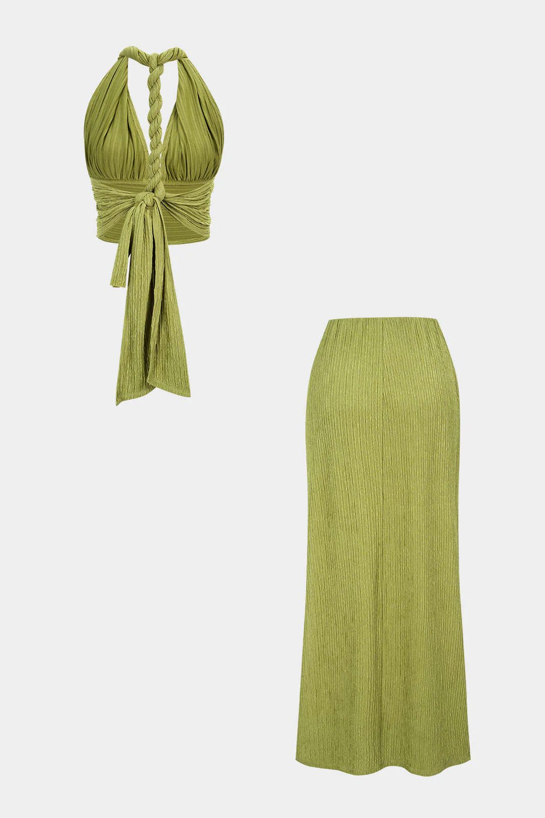 Twist Knot V-Neck Backless Sleeveless Top And Split Skirt Set - Weenar