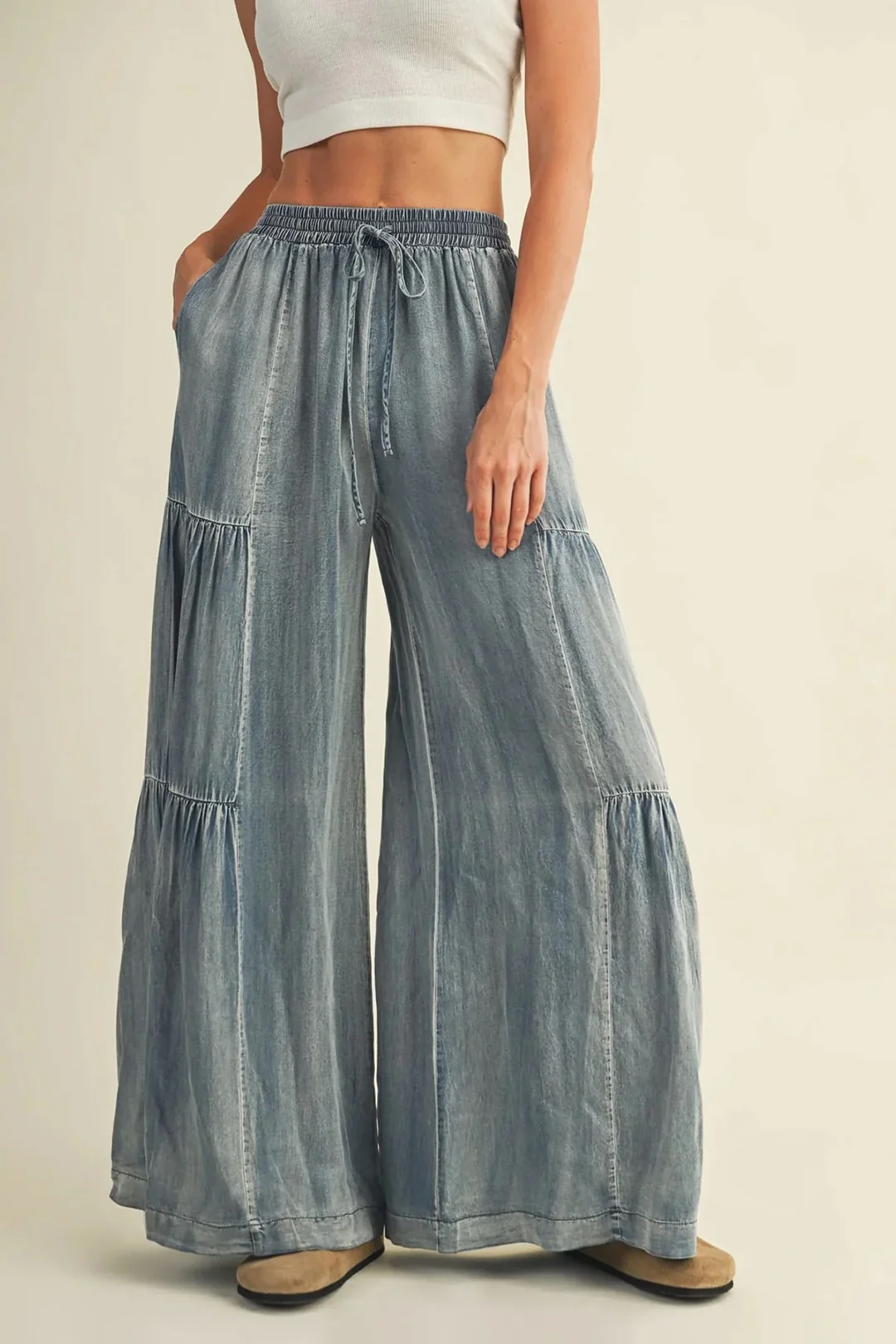 Denim Drawstring Shirred Waistband Wide Leg Jeans - Weenar