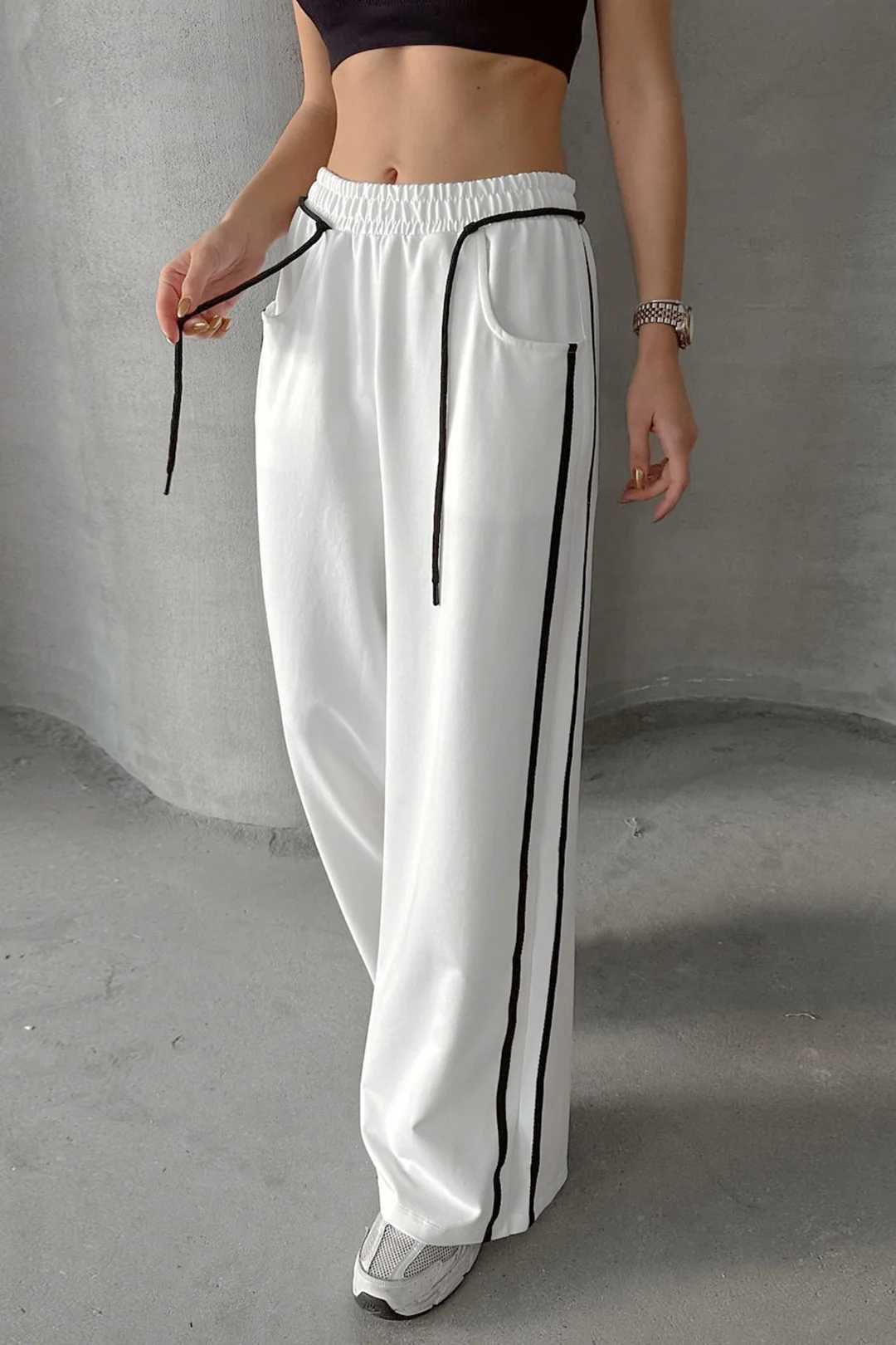 Contrast Binding Pocket High Waist Wide Leg Pants - Weenar