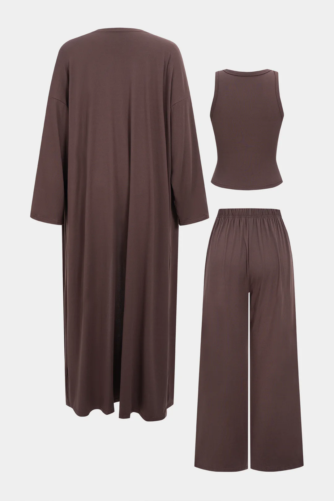 Knit Basic Tank Top And Long Cardigan And Wide Leg Trousers Set - Weenar