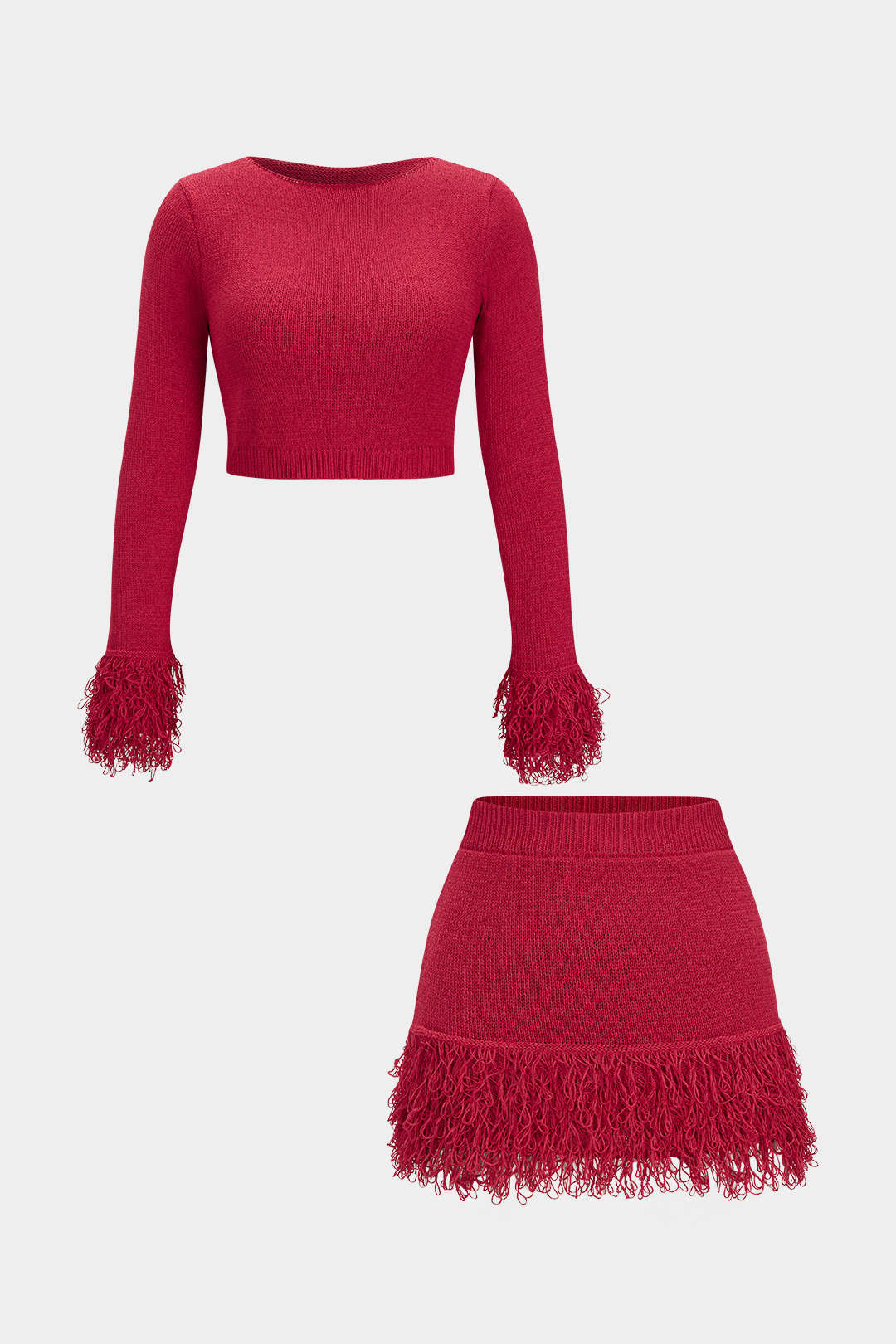 Knit Fringe Long Sleeve Top And Mini Bodycon Skirt Set - Weenar