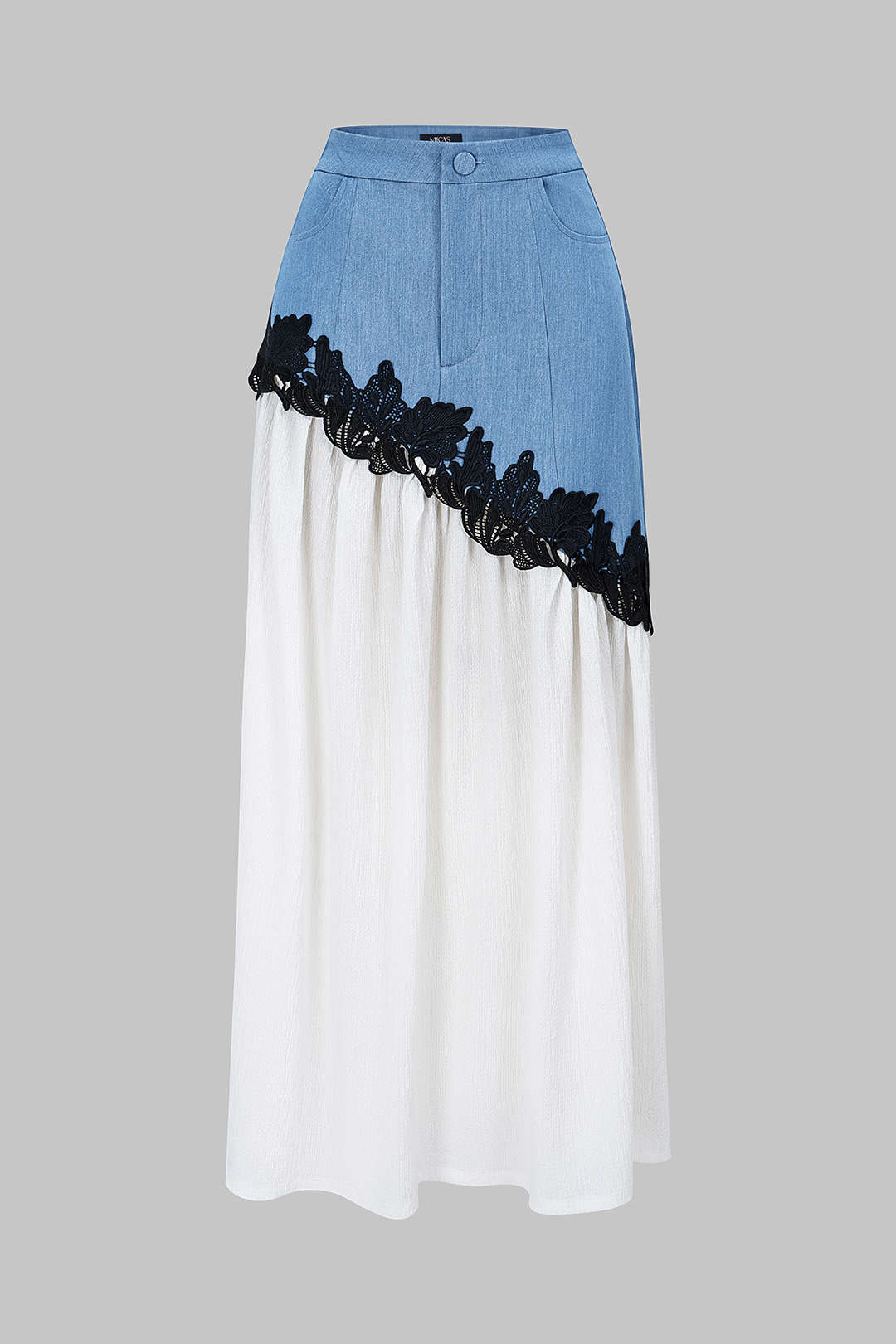 Denim Patchwork Lace Trim Asymmetrical Skirt - Weenar