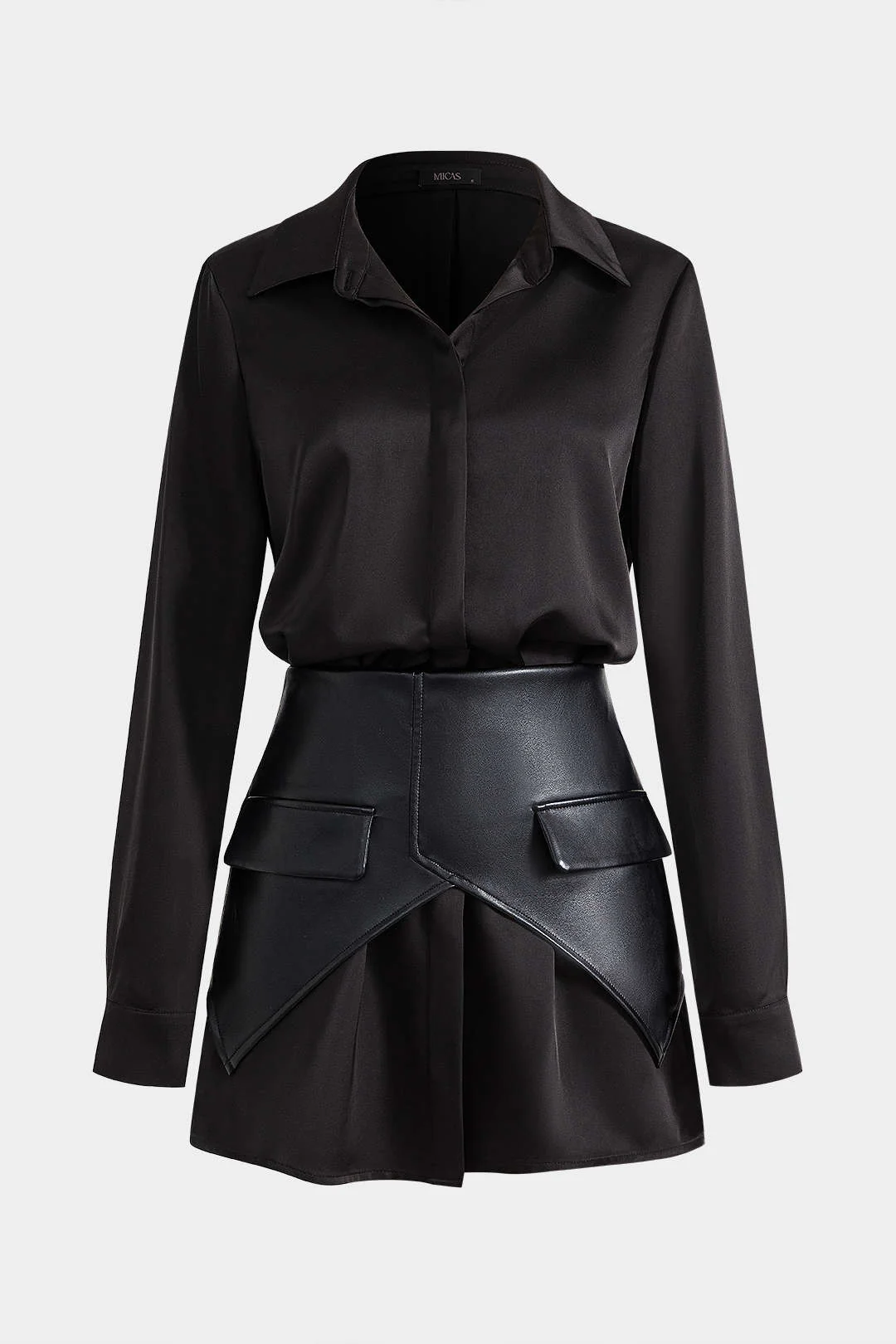 Satin Faux Leather Pocket Button Zipper Long Sleeve Mini Dress - Weenar