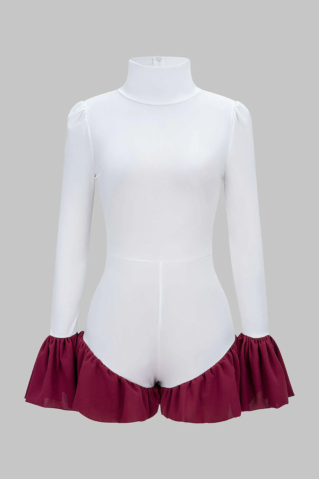 Contrast Mock Neck Ruched Bell Long Sleeve Bodysuit - Weenar