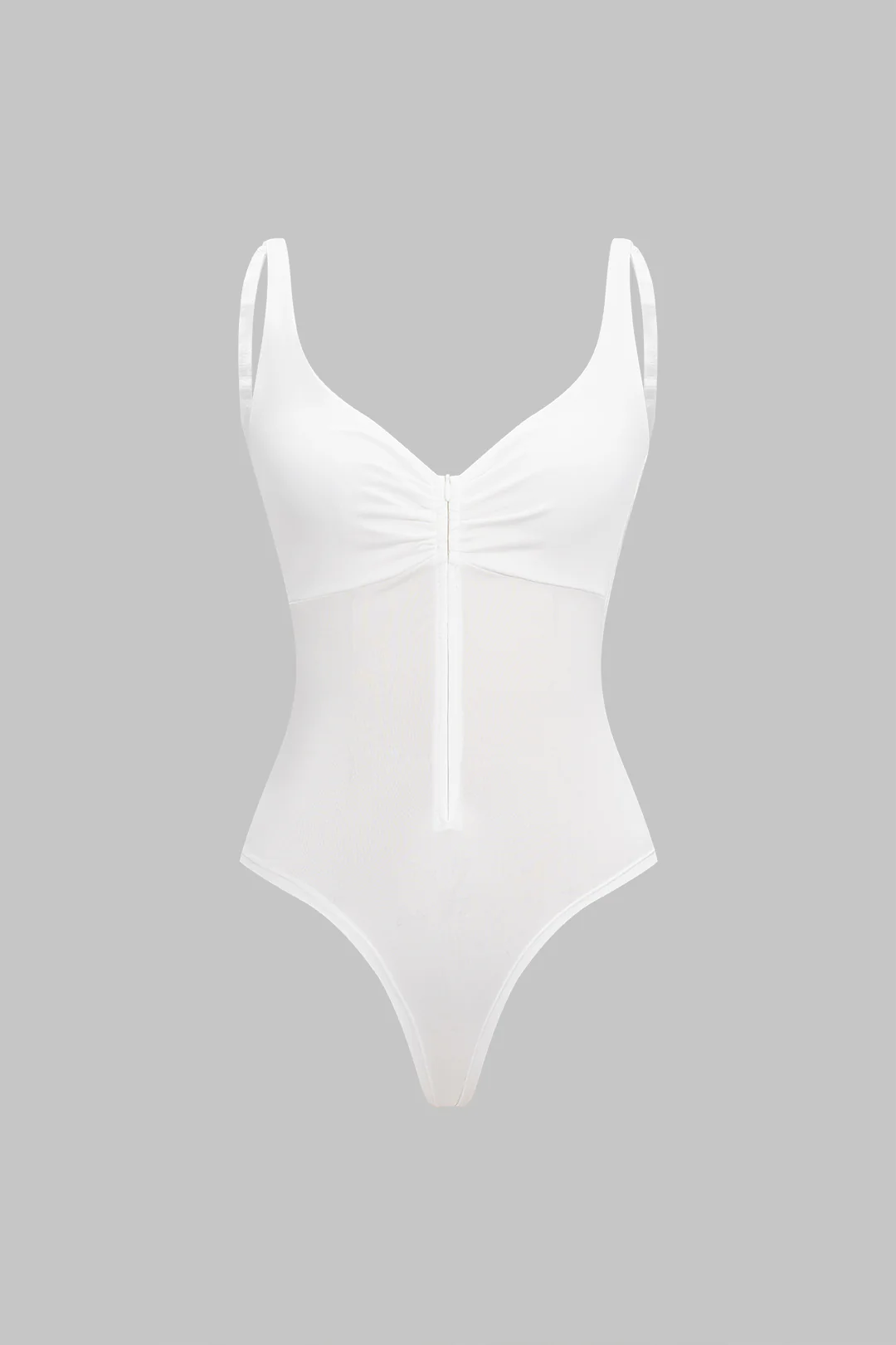 Low V-Neck Ruched Zipper Backless Sleeveless Bodysuit - Weenar
