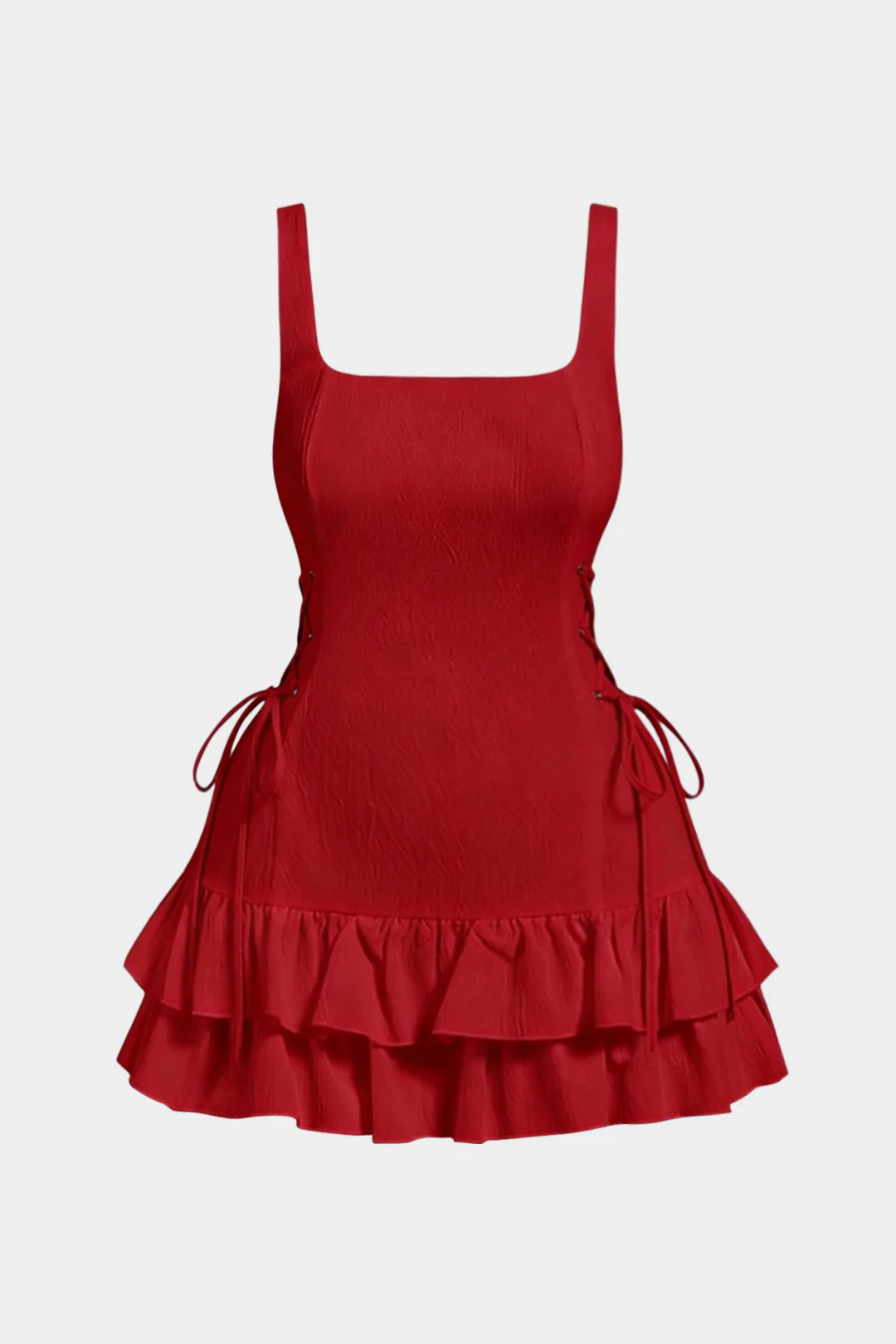Plus Size Square Neck Lace Up Ruffle Hem Sleeveless Mini Dress - Weenar