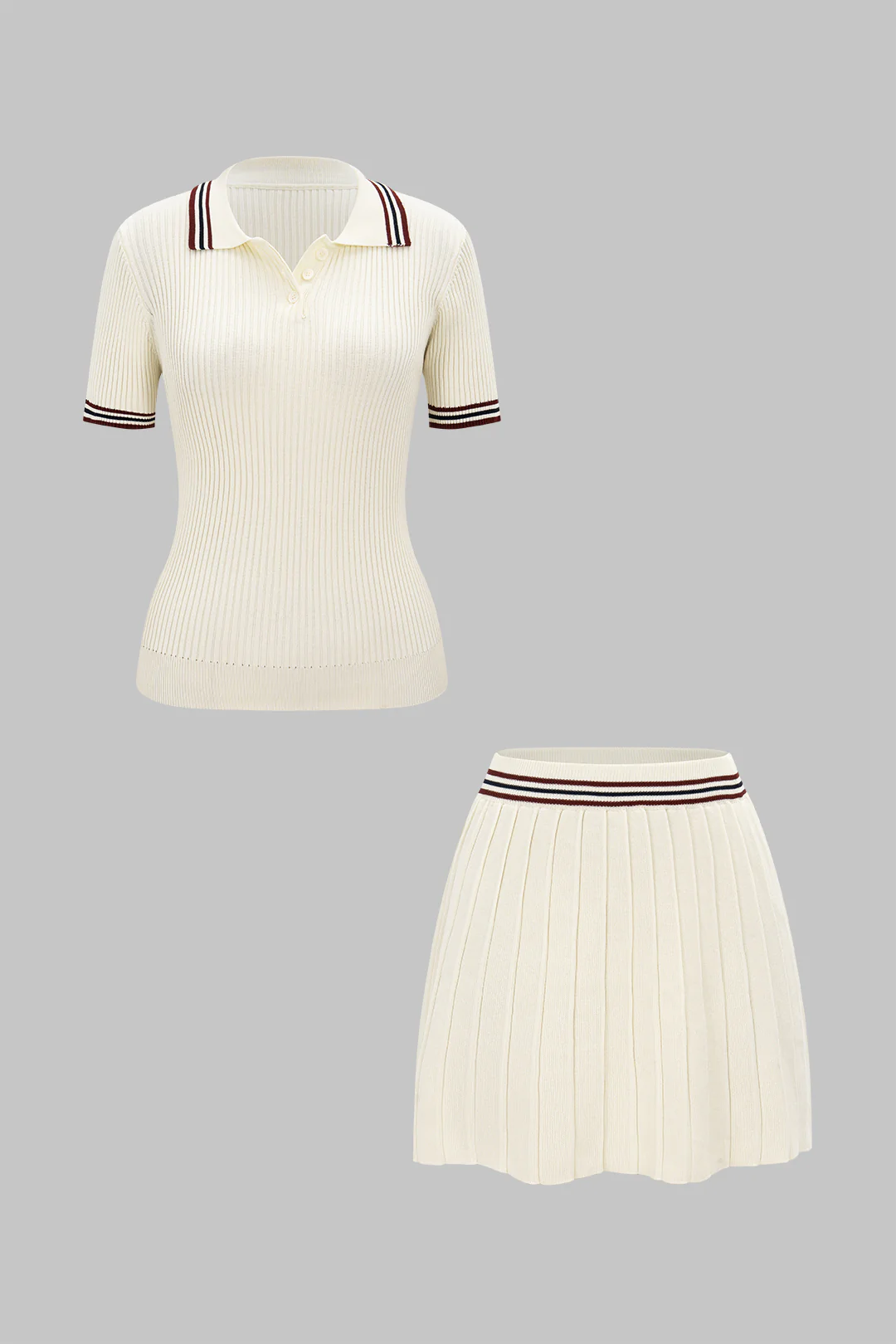 Knit Contrast Stripes Button Short-Sleeve Top And Mini Skirt Set - Weenar