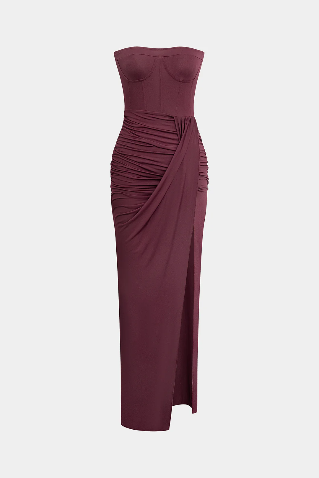 Ruched Strapless Asymmetrical Midi Dress - Weenar