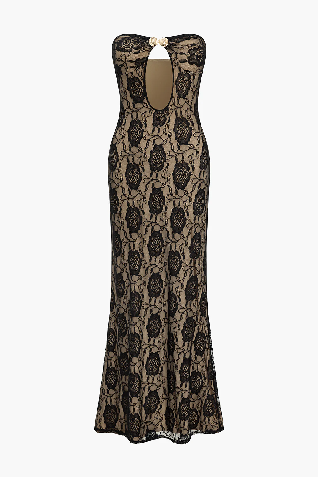 Lace Flower Print Metallic Decor Cut Out Maxi Dress - Weenar