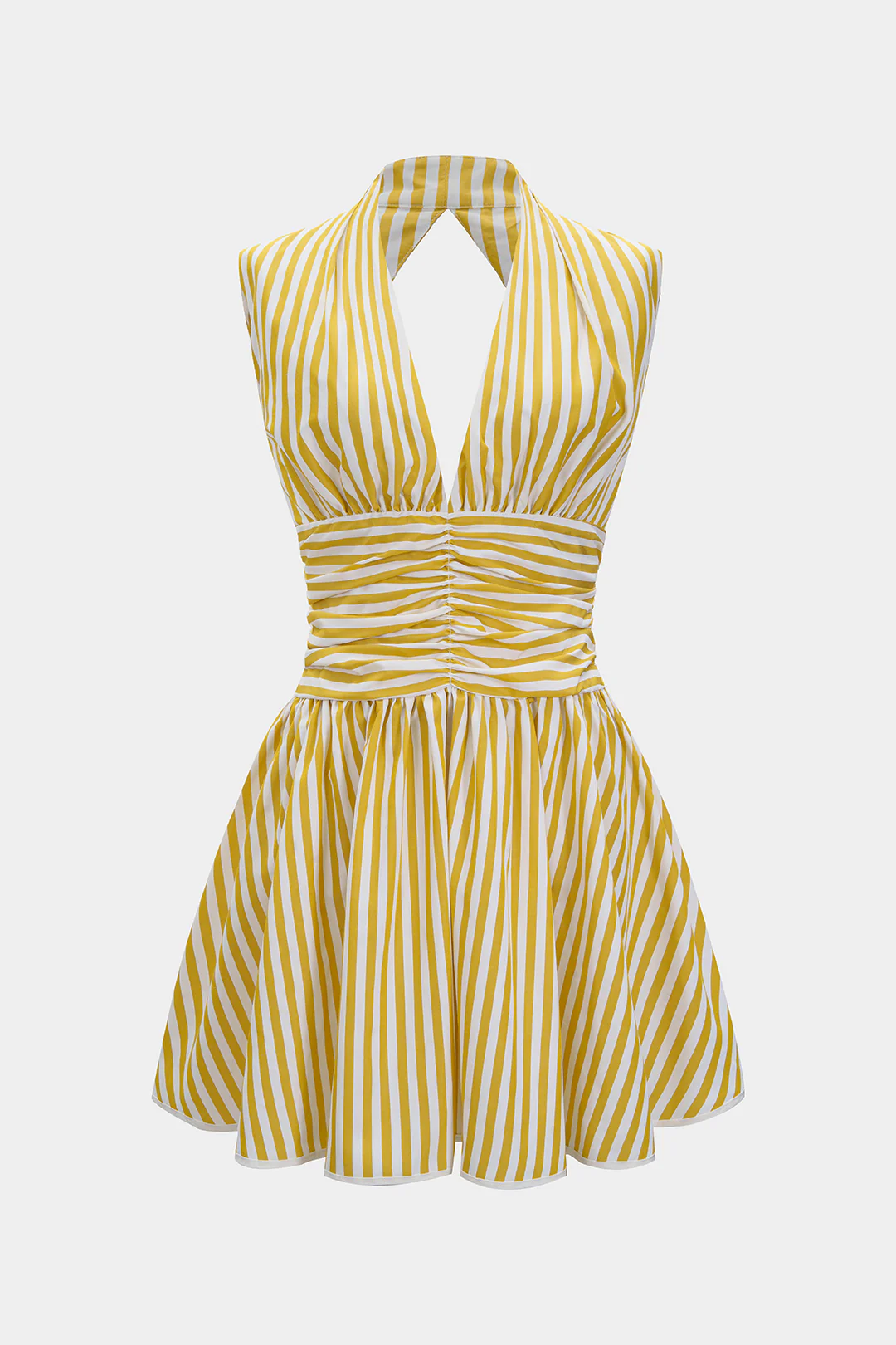 Stripes Print Halter Neck Shirred Backless Sleeveless Mini Dress - Weenar
