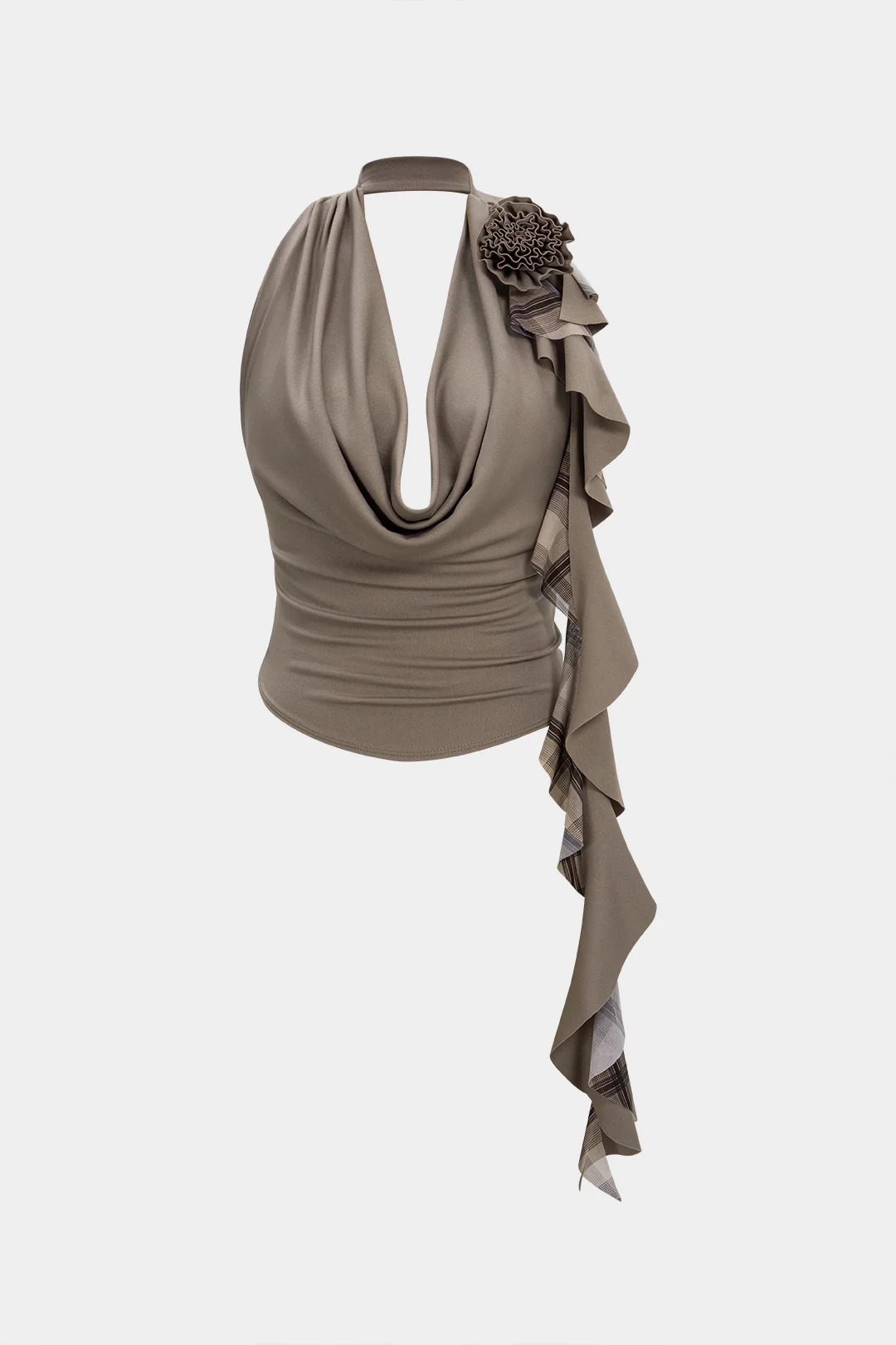 Mesh Patchwork Halter Draped Cowl Neck Strappy 3D Flower Cami Top - Weenar
