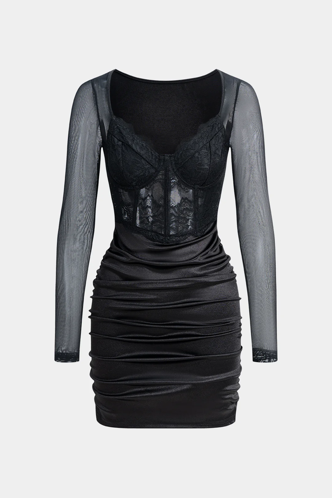 Mesh Patchwork Ruched Corset Long Sleeve Mini Dress - Weenar