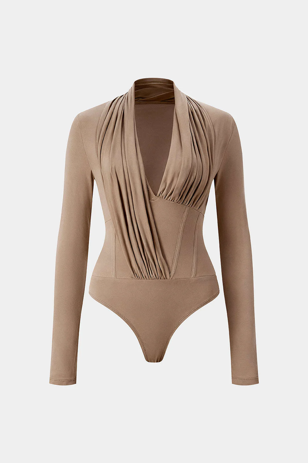 Asymmetrical Ruched Corset Zipper Long-Sleeve Bodysuit - Weenar
