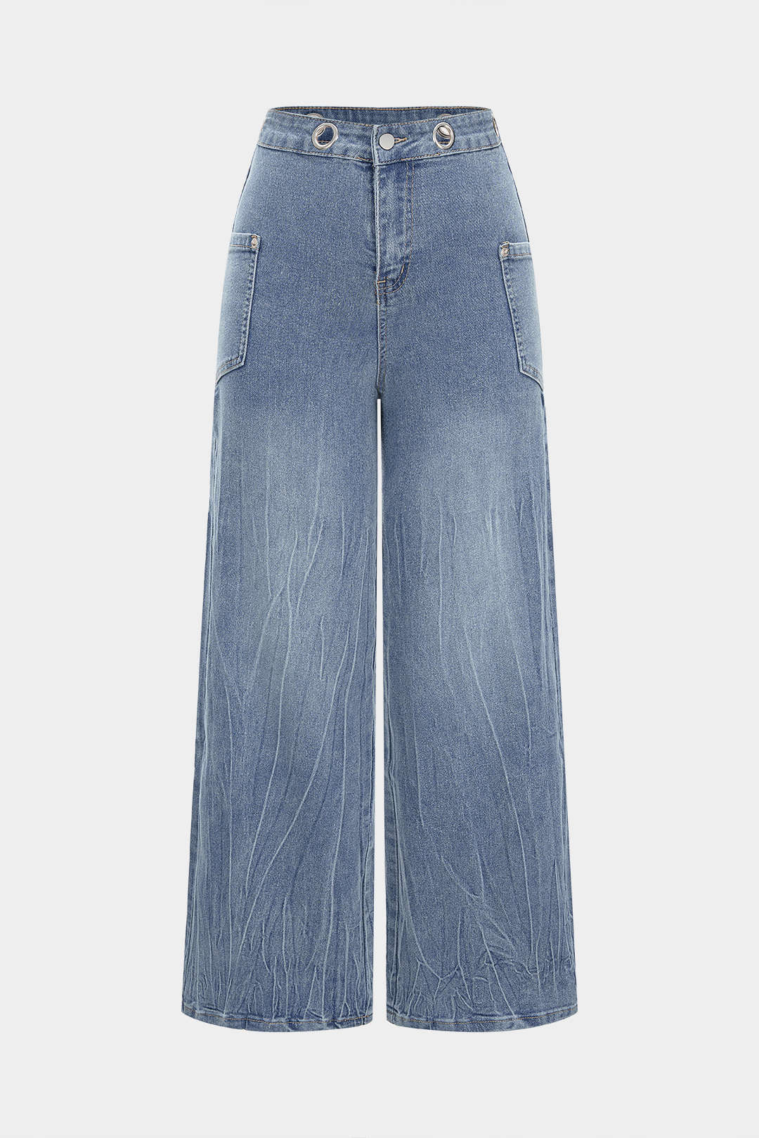 Denim Eyelet Decor High Waist Wide Leg Jeans - Weenar