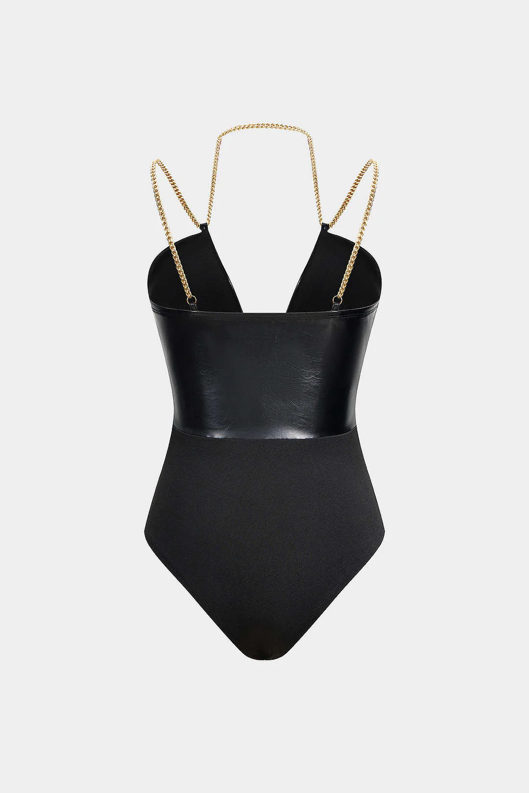 Faux Leather Chain Patchwork Sleeveless V-Neck Bodysuit - Weenar