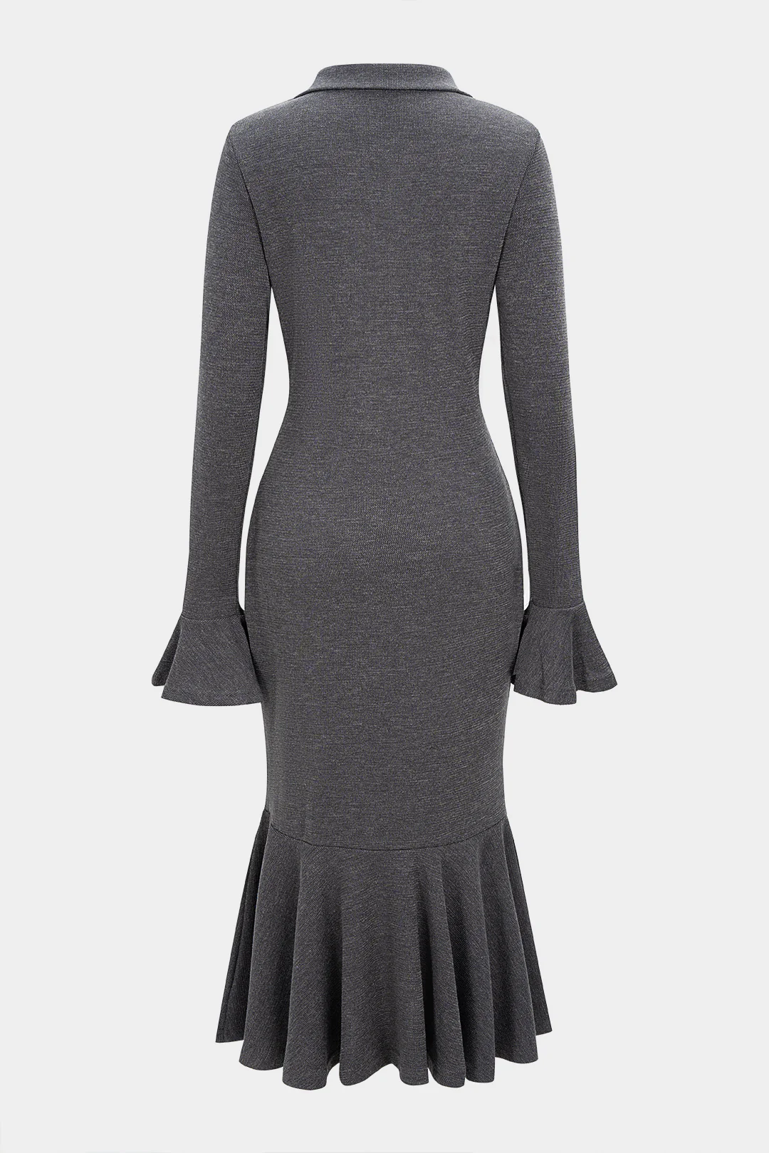 Lapel Ruffle Hem Zipper Bell Sleeve Midi Dress - Weenar