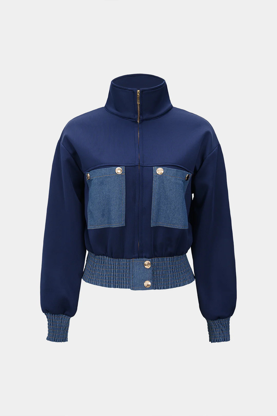 Contrast Print Denim Patchwork Smocked Zipper Jacket - Weenar