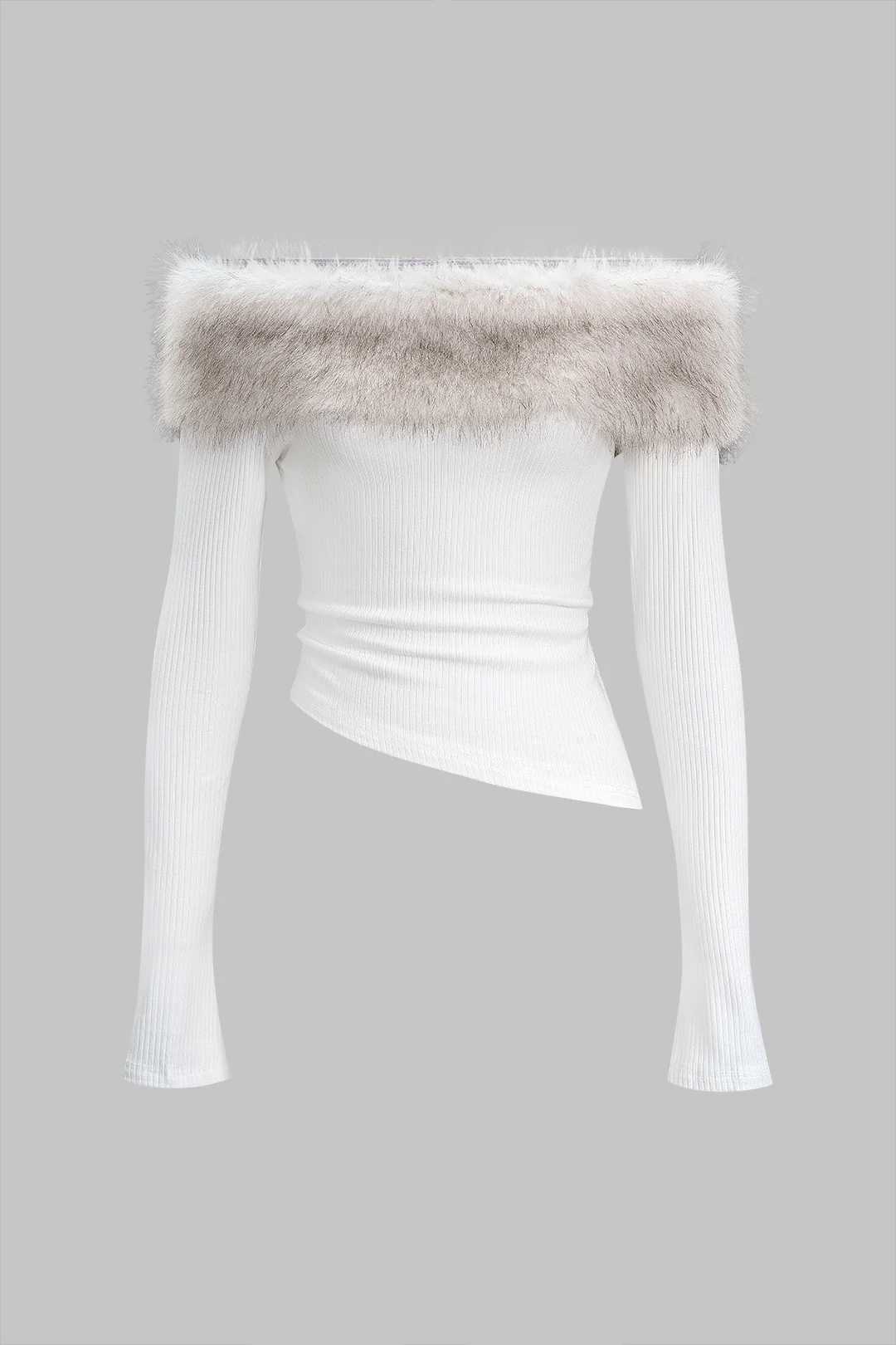 Faux Fur Patchwork Off-Shoulder Long-Sleeve Top - Weenar