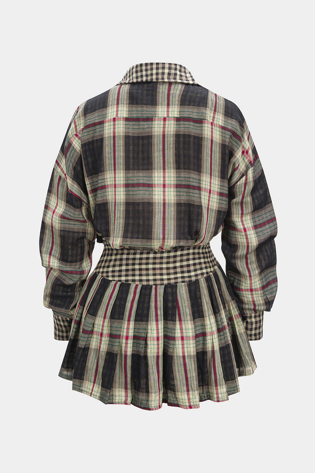 Plaid Print Button Long-Sleeve Shirt And Mini Skirt Set - Weenar