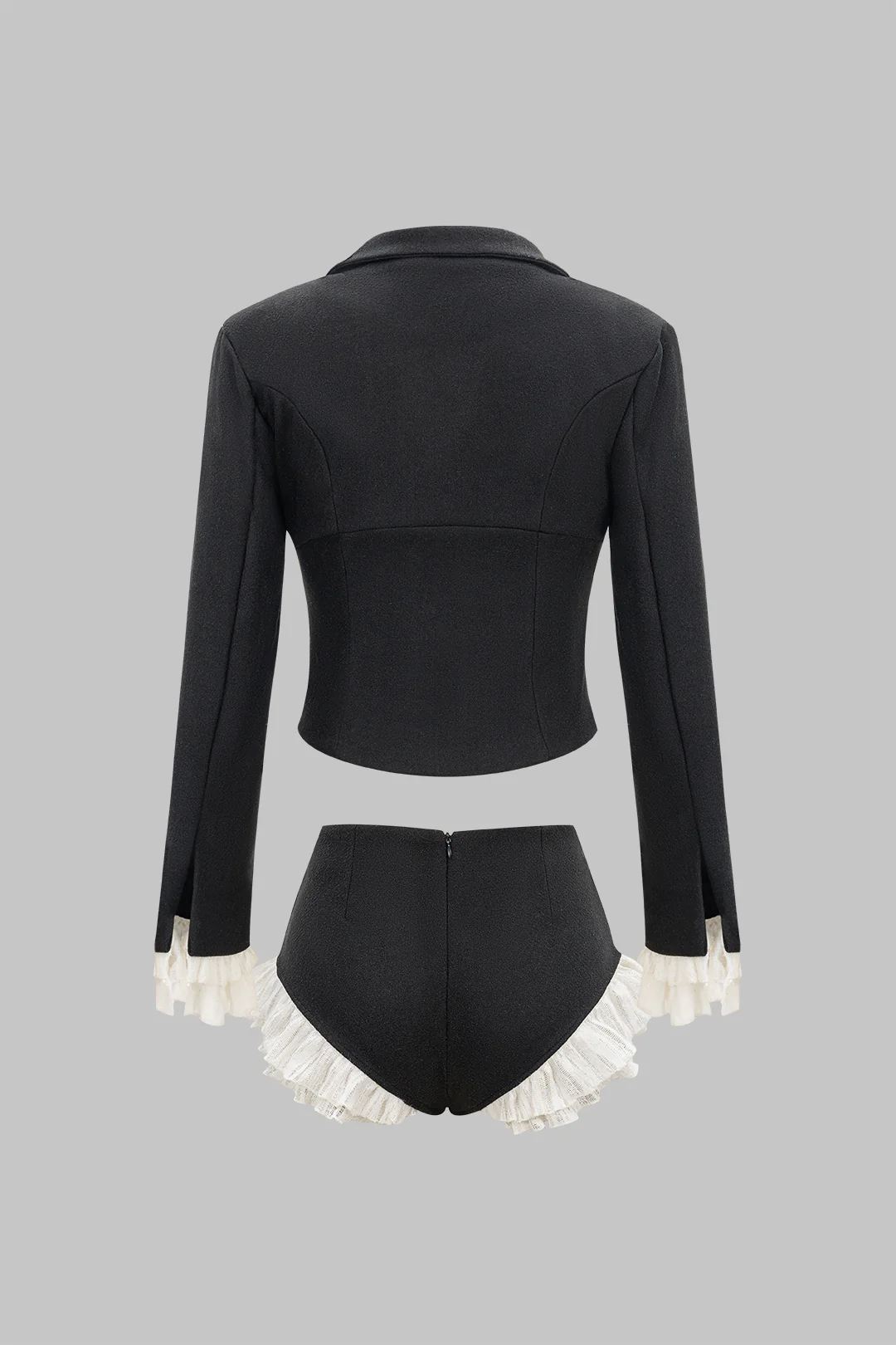 Woolen Patchwork Zipper Collar Top And Scallop Edge Shorts Set - Weenar