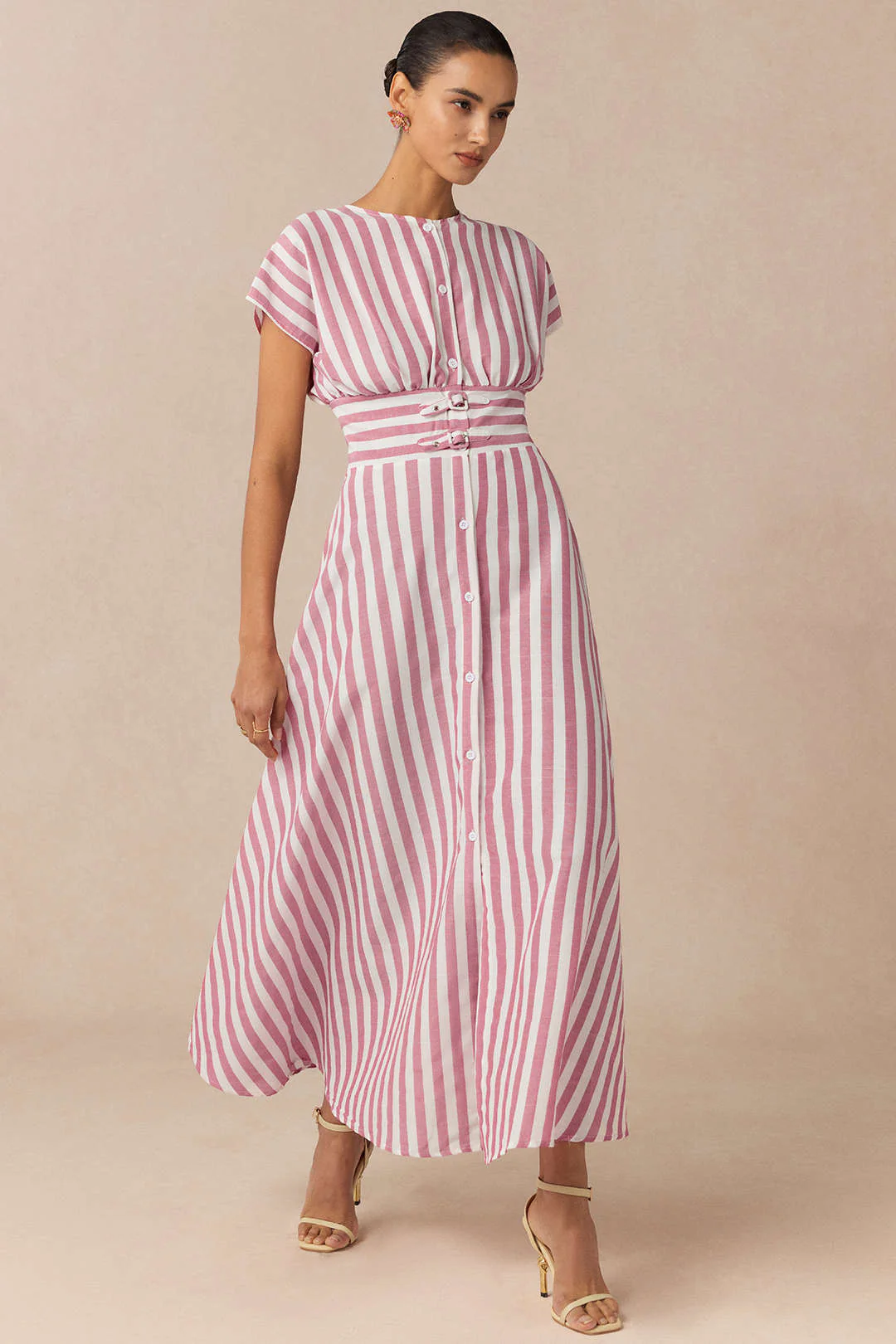 Stripes Print Round Neck Button Flutter Sleeve Dress - Weenar