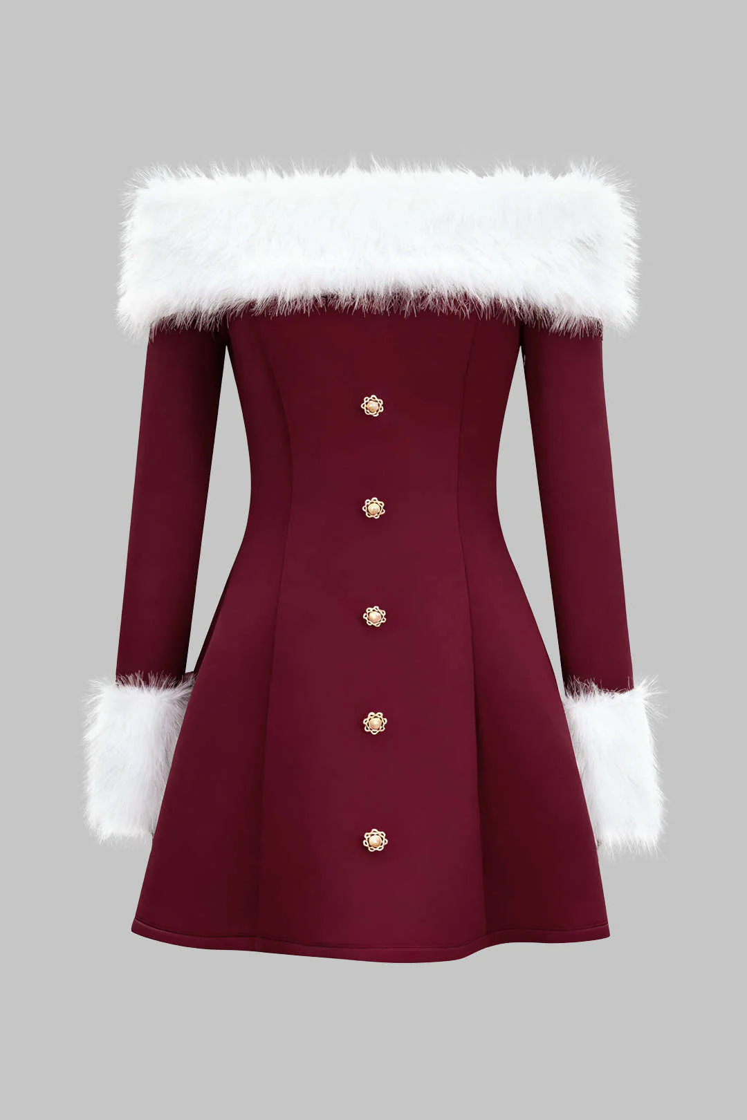 Fur Trim Patchwork Off-Shoulder Button Long Sleeve Mini Dress - Weenar