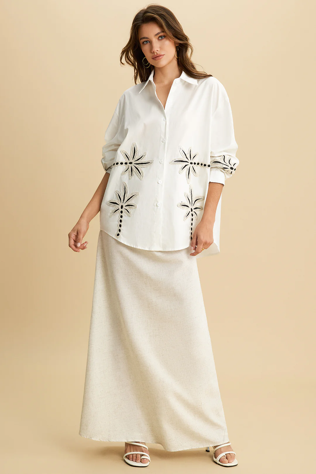 Appliques Button Long-Sleeve Shirt - Weenar