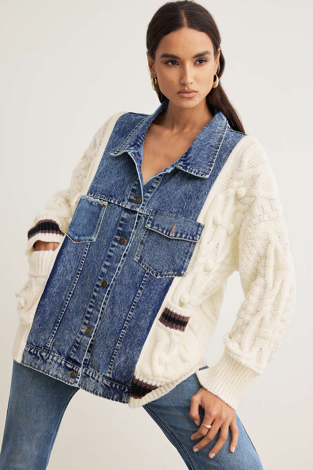 Knit Denim Patchwork Sweater Cardigan - Weenar