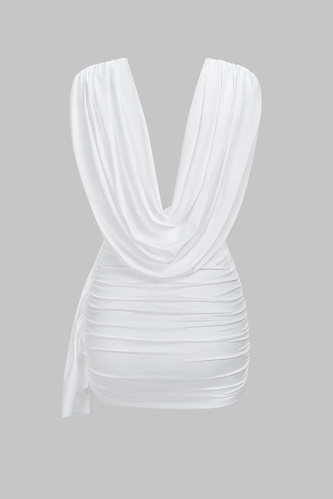 Ruched Draped Cowl Neck Asymmetrical Sleeveless Mini Dress - Weenar