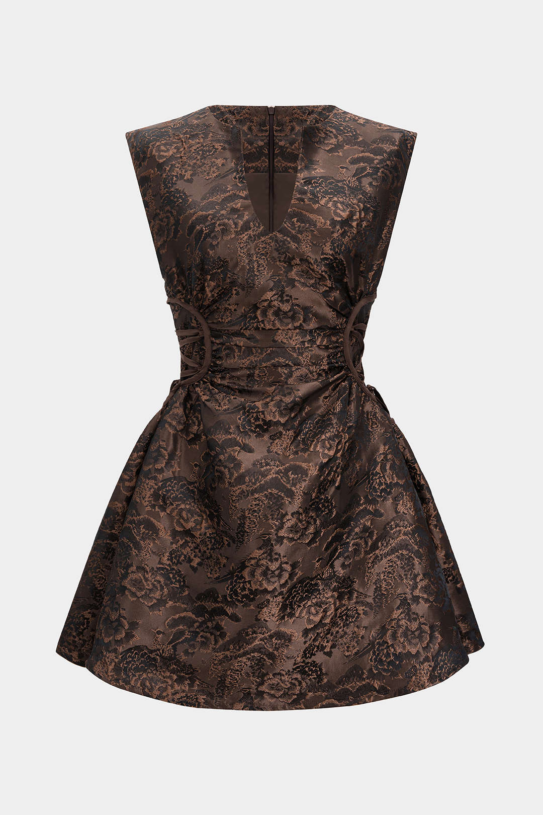 Jacquard Ruched Drawstring V-Neck Zipper Sleeveless Mini Dress - Weenar