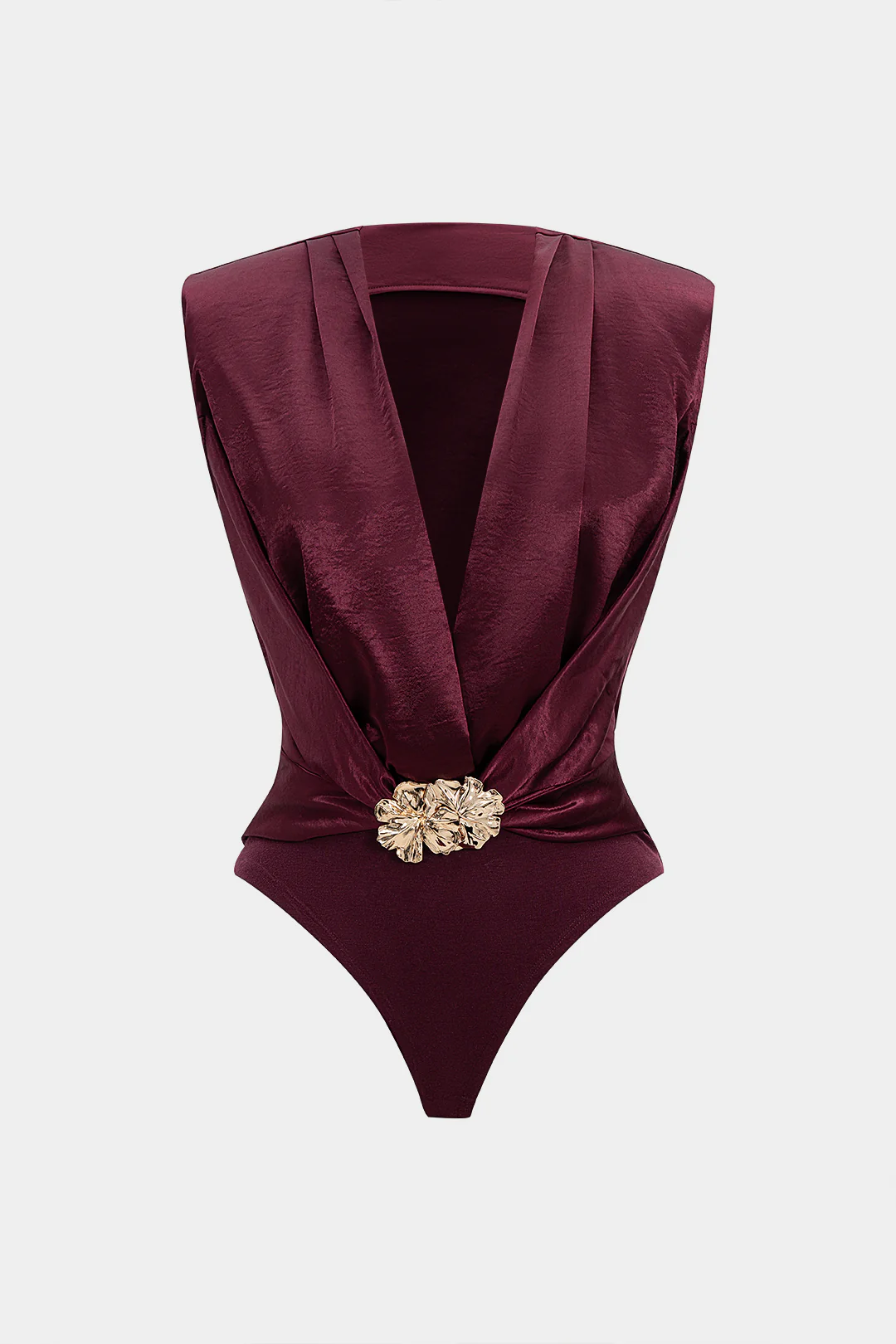 Satin Patchwork Metallic Decor V-Neck Sleeveless Bodysuit - Weenar