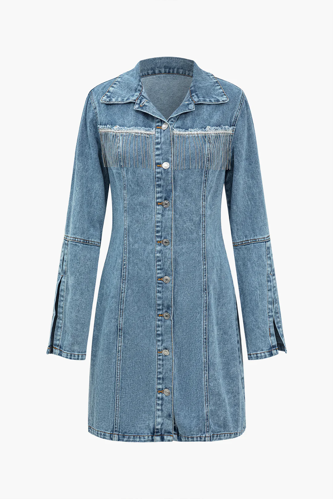 Denim Button Fringe Decor Frayed Long Sleeve Dress - Weenar