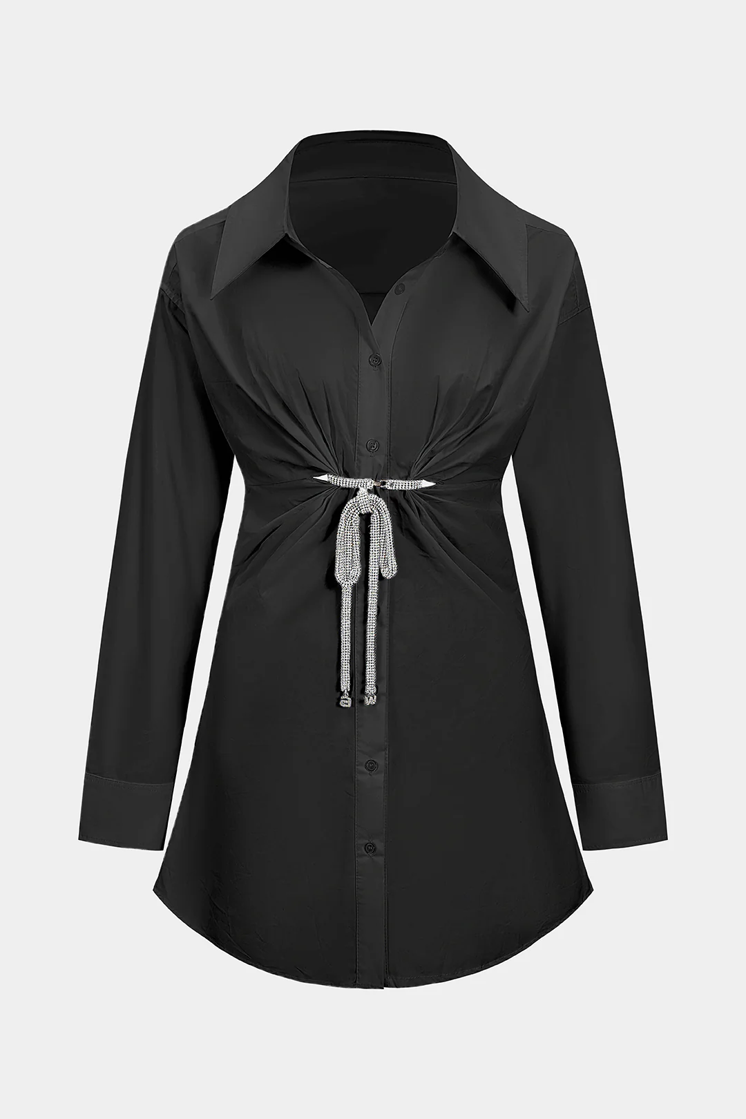 Solid Metallic Decor Button Long Sleeve Mini Dress - Weenar