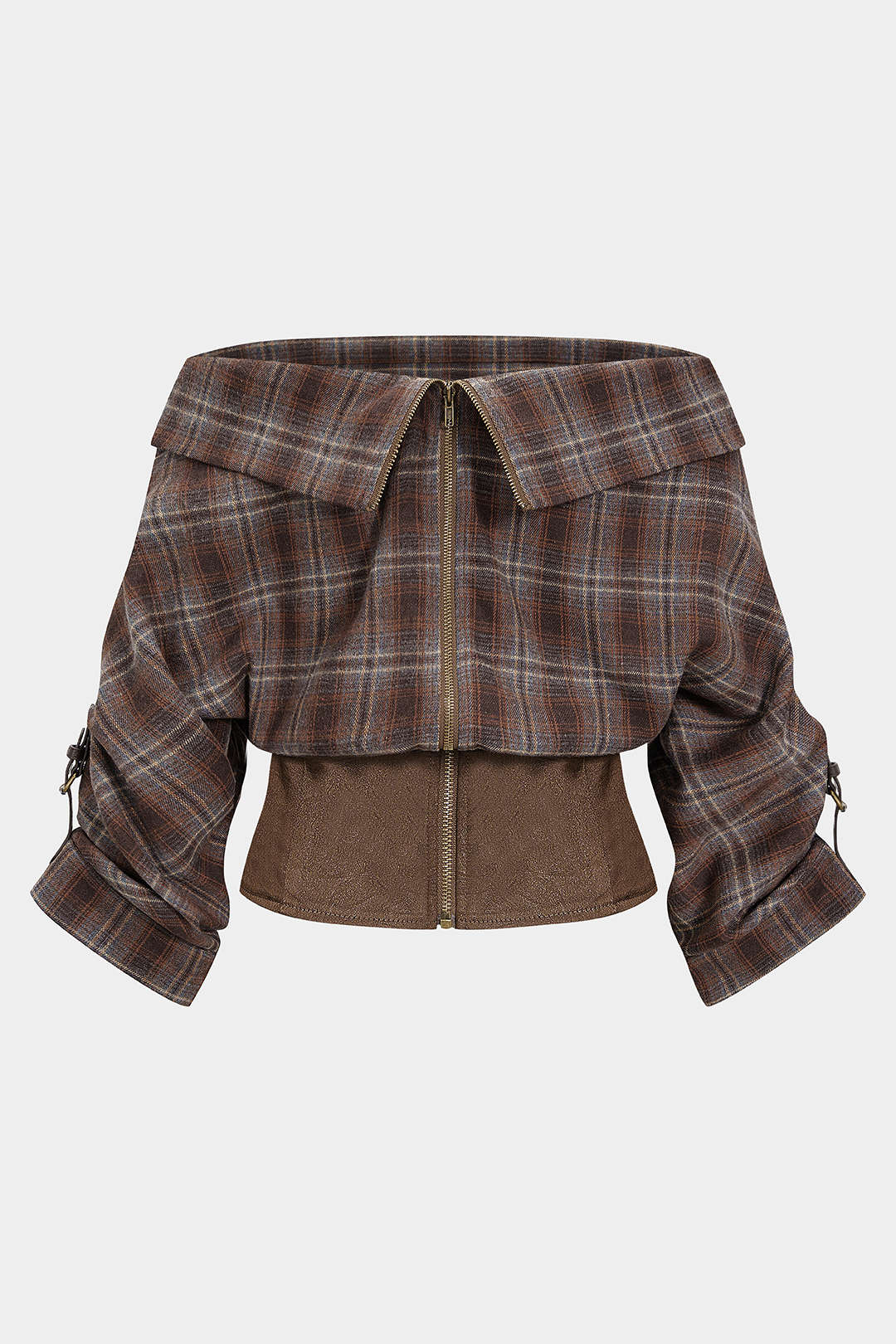 Plus Size Plaid Print Off Shoulder Zipper Long-Sleeve Shirt - Weenar