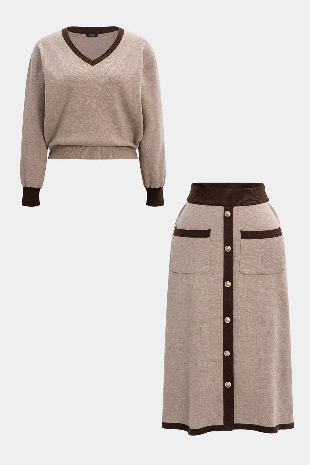 Plus Size Knit Contrast V-Neck Long-Sleeve Top And Pocket Skirt Set - Weenar
