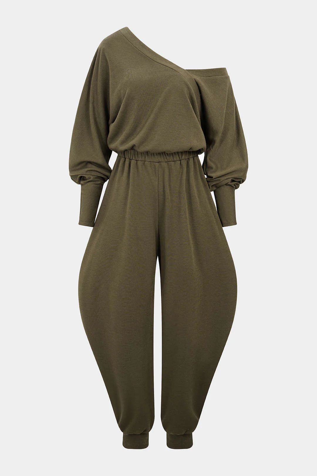 One Shoulder Shirred Long Sleeve Jumpsuit - Weenar
