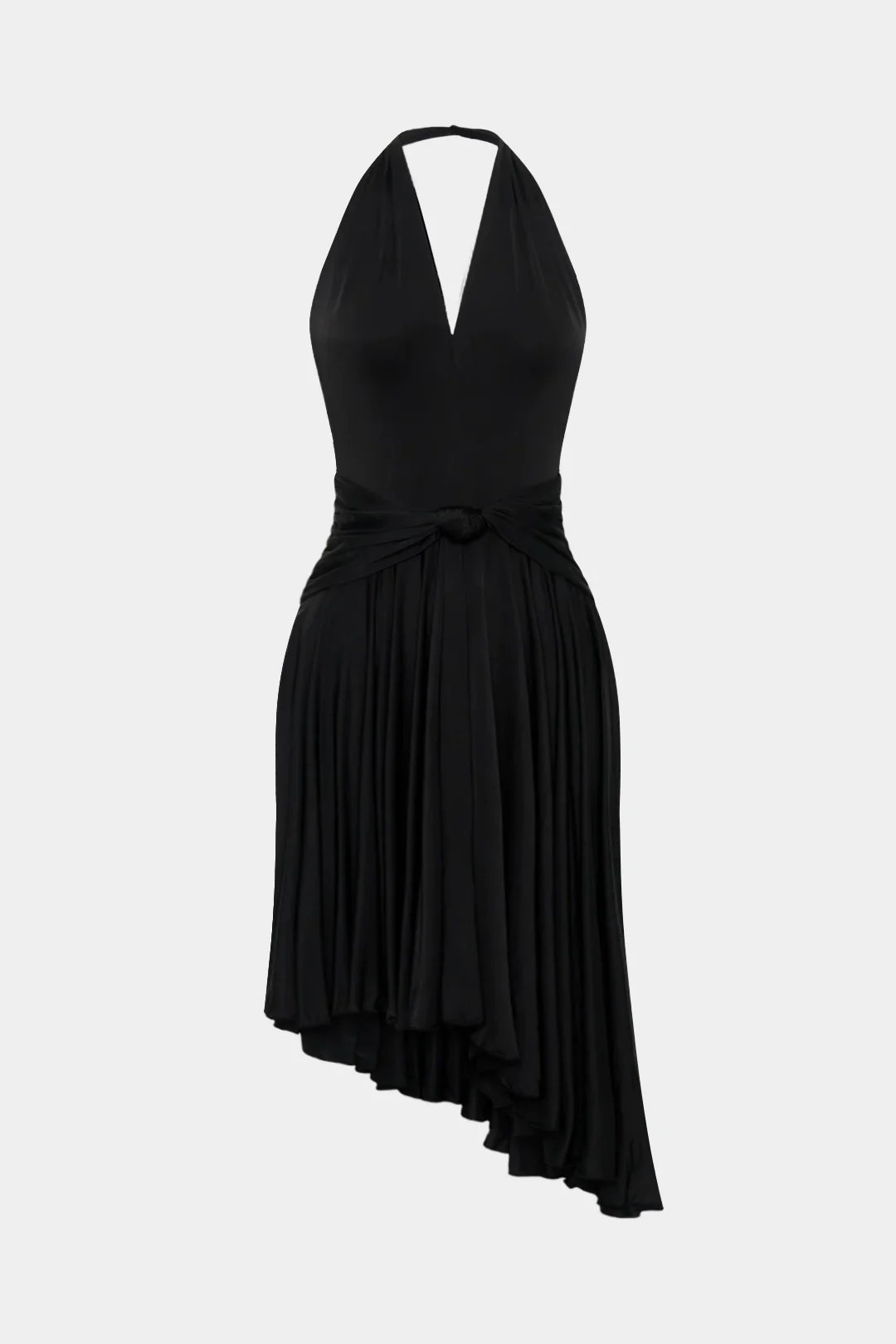 Halter V-Neck Knotted Ruched Sleeveless Midi Dress - Weenar