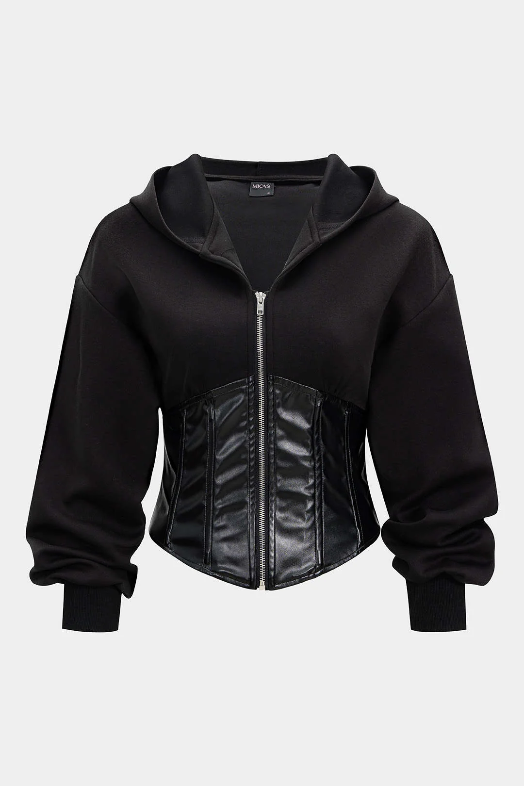 Faux Leather Patchwork Zipper Hoodie - Weenar