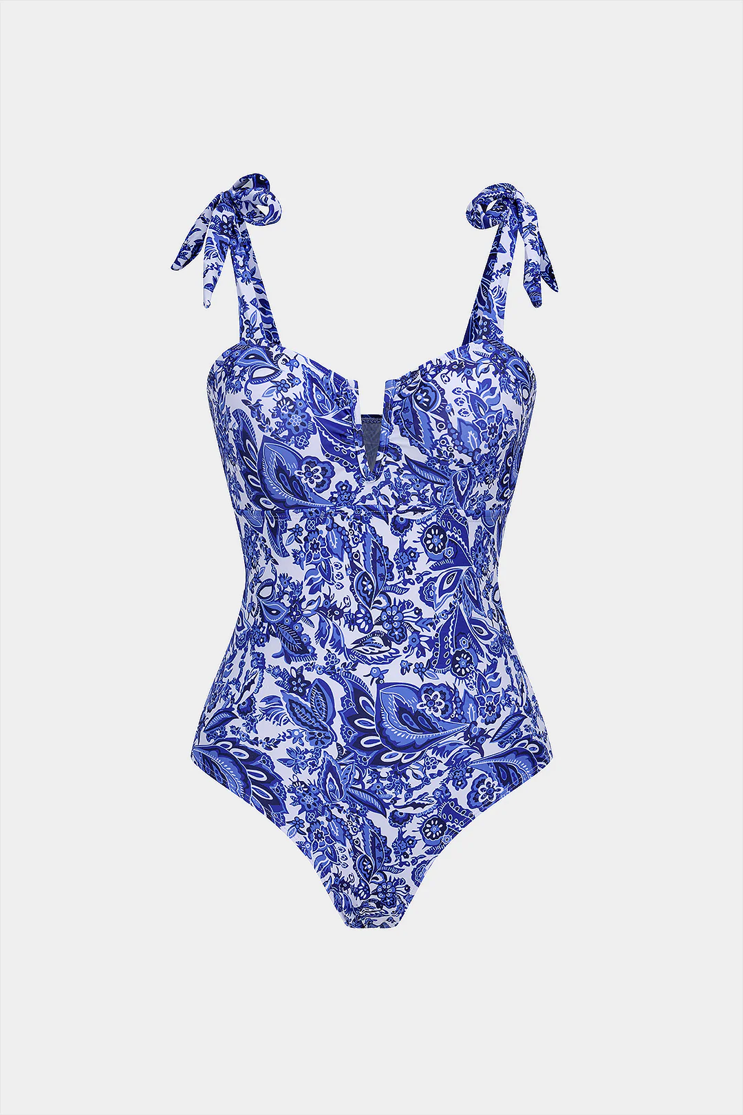 Retro Print V-Neck Tie-Up One-Piece Swimsuit - Weenar