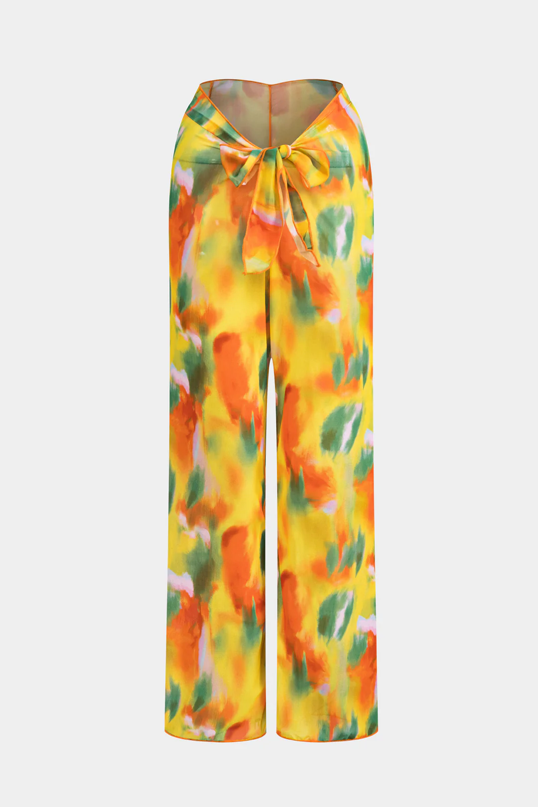 Watercolor Print Chiffon Tie Front Long Sleeve Top And Wide Leg Pants Set - Weenar