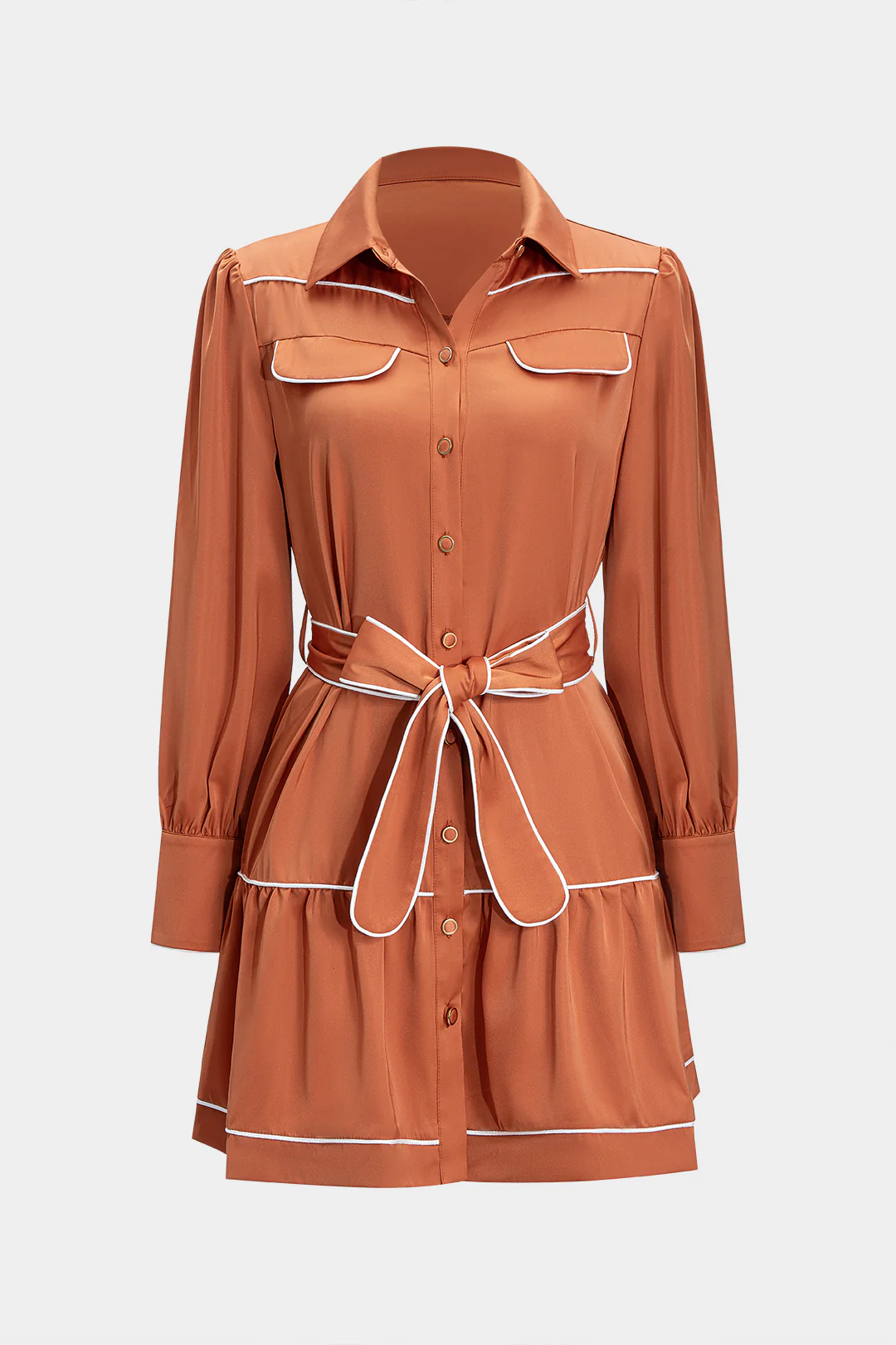 Satin Contrast Binding Tie-Front Long Sleeve Mini Dress - Weenar