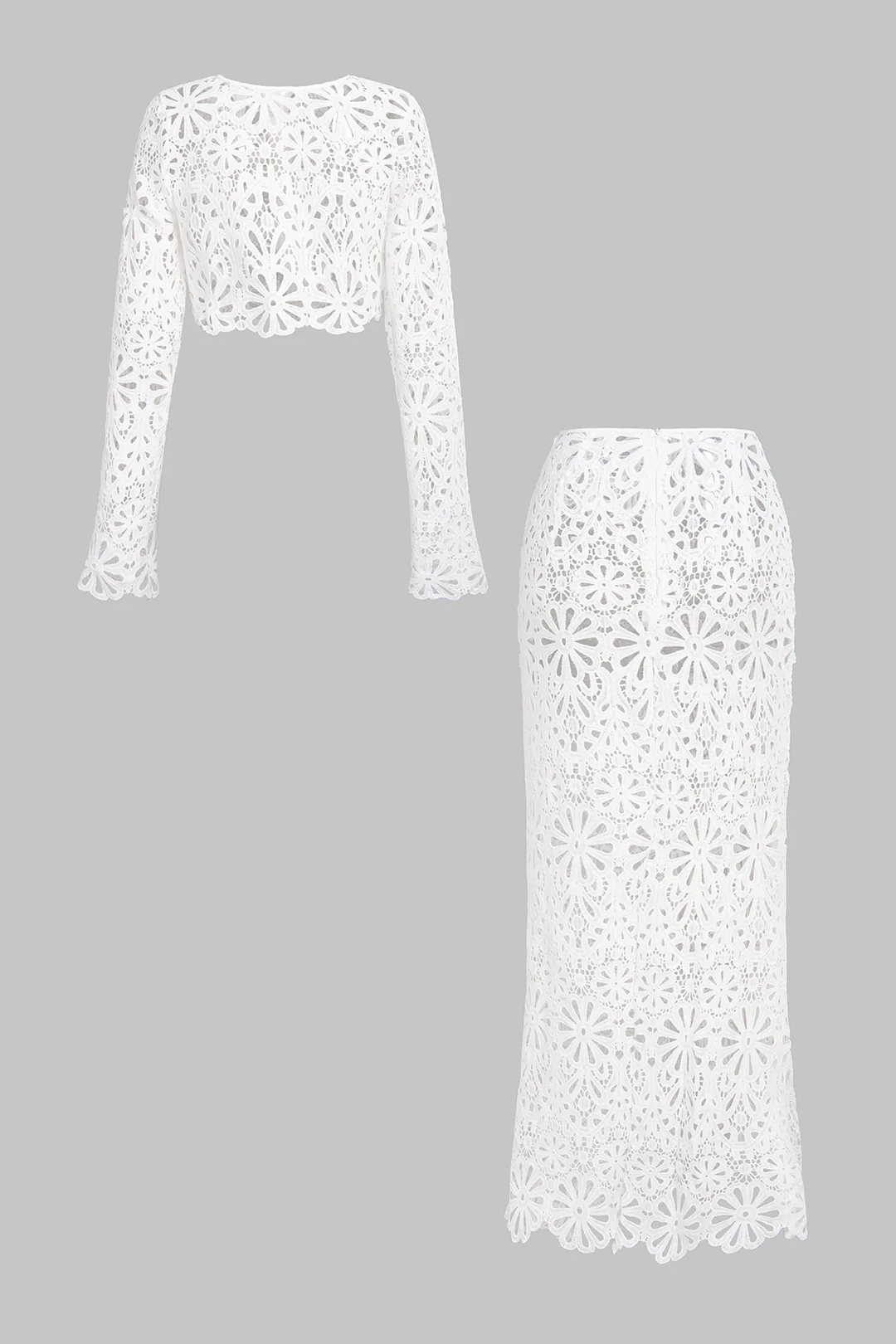 Lace Round Neck Hollow Out Long Sleeve Top And Skirt Set - Weenar