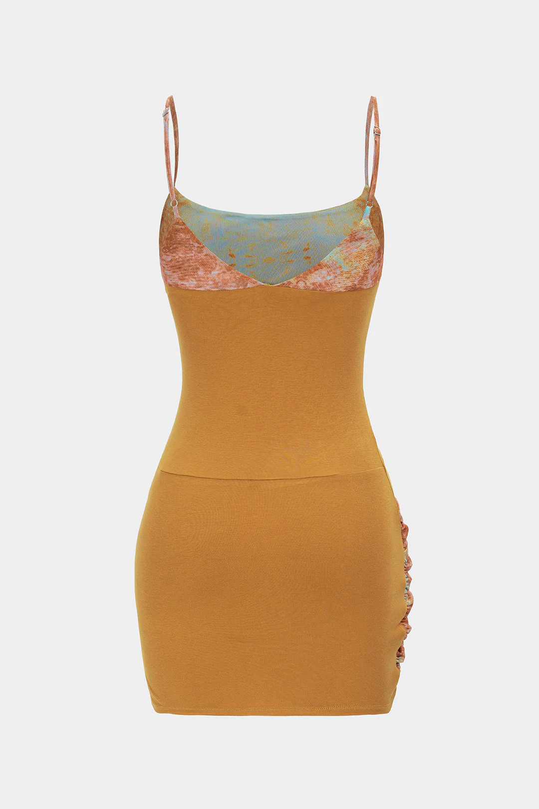 Mesh Patchwork Asymmetrical Ruched Sleeveless Mini Dress - Weenar