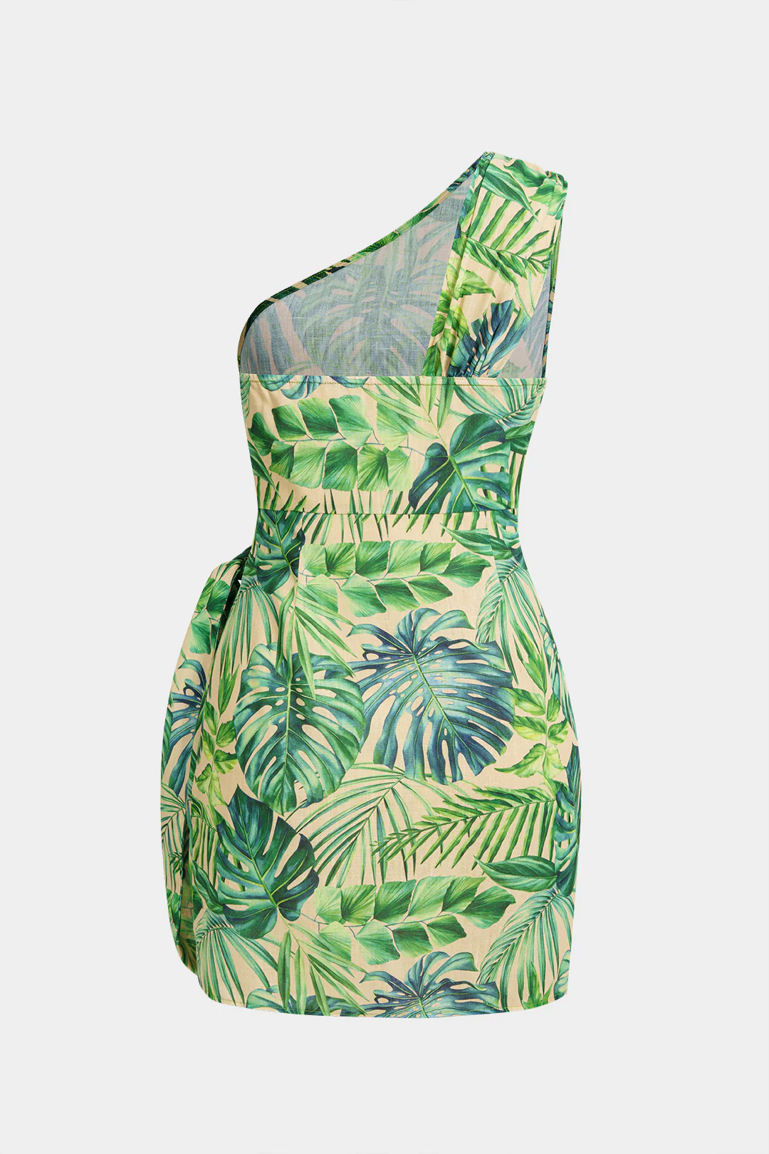Leaves Print One Shoulder Tie-Up Ruched Sleeveless Mini Dress - Weenar