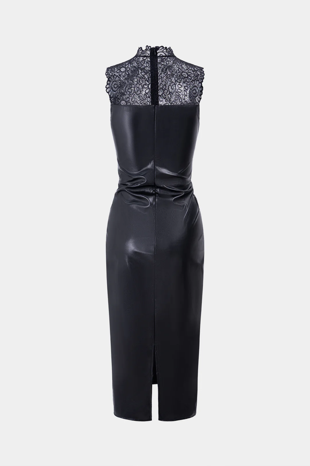 Faux Leather Patchwork Lace Ruched Sleeveless Midi Dress - Weenar